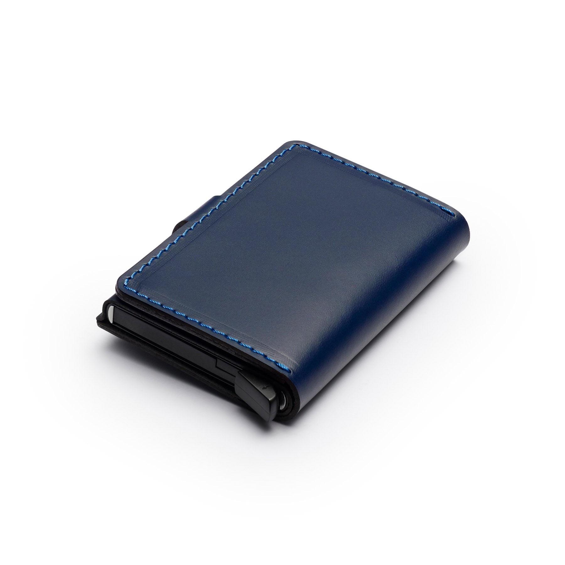 Navy full-grain leather RFID wallet, flat lay, angled view — personalised — CarveOn, made in Ireland#Color_Navy