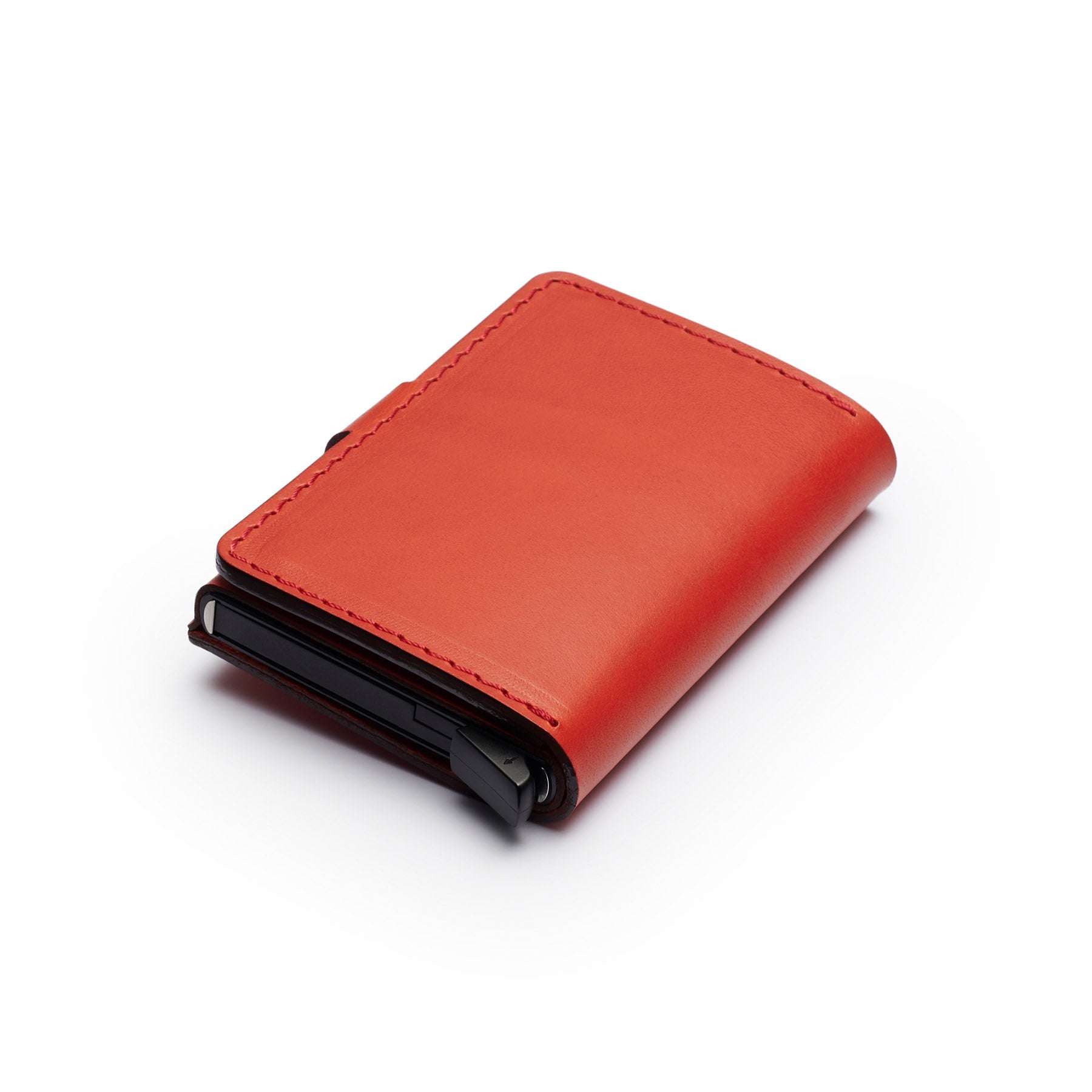 Red full-grain leather RFID wallet, flat lay, angled view — personalised — CarveOn, made in Ireland#Color_Red