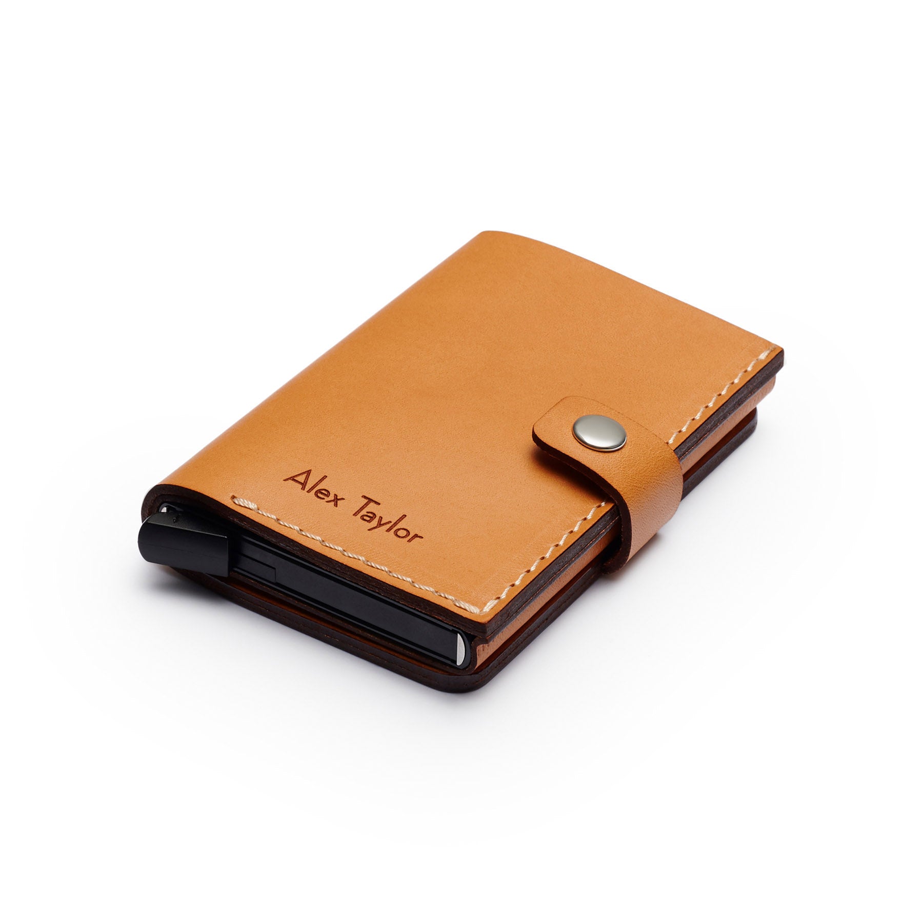 Tan full-grain leather RFID wallet, flat lay, angled view — personalised — CarveOn, made in Ireland#Color_Tan