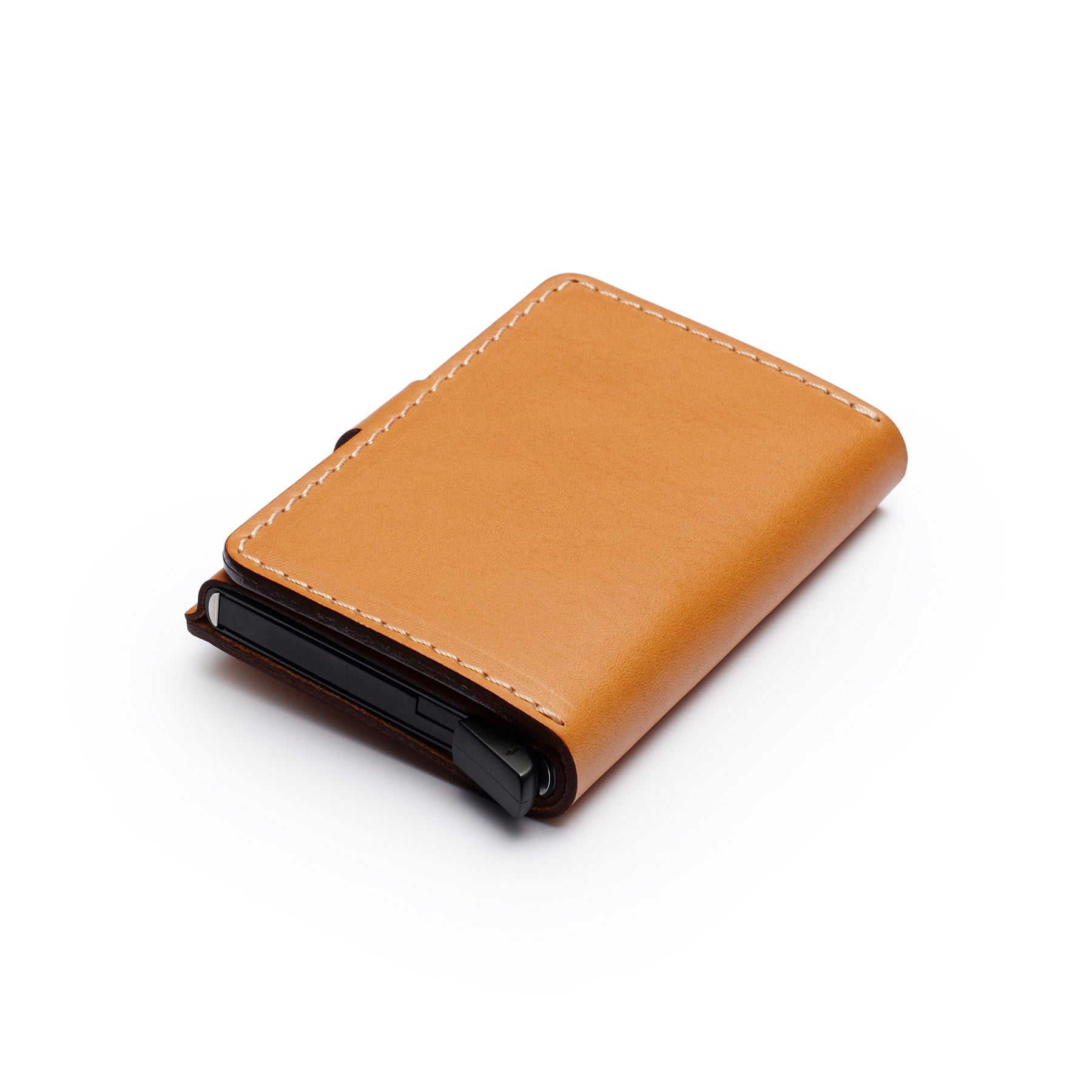 Tan full-grain leather RFID wallet, flat lay, angled view — personalised — CarveOn, made in Ireland#Color_Tan
