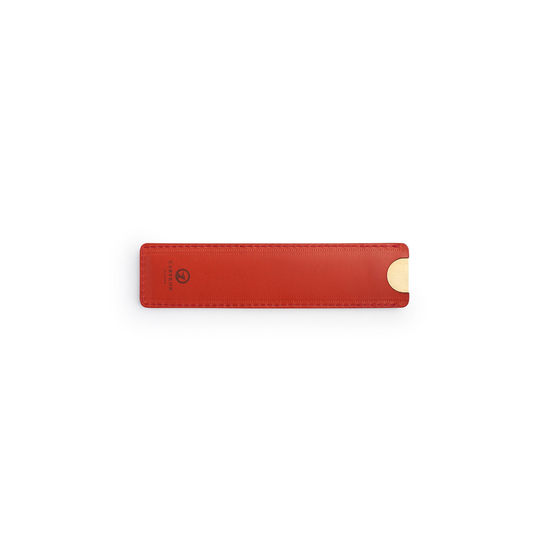 Red solid brass ruler with leather sheath, flat lay — desk gift — CarveOn, made in Ireland#Color_Red