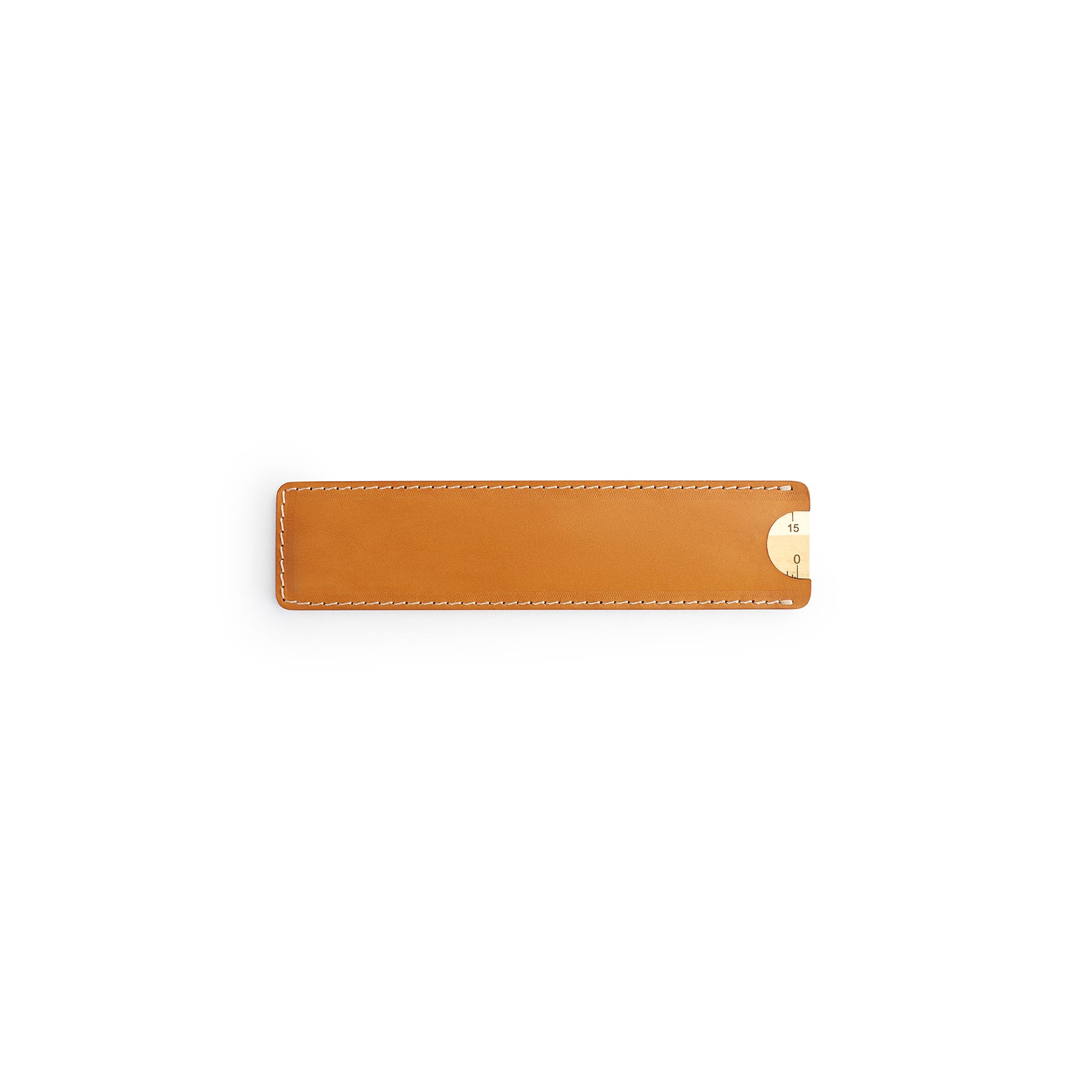 Tan solid brass ruler with leather sheath, flat lay — desk gift — CarveOn, made in Ireland#Color_Tan