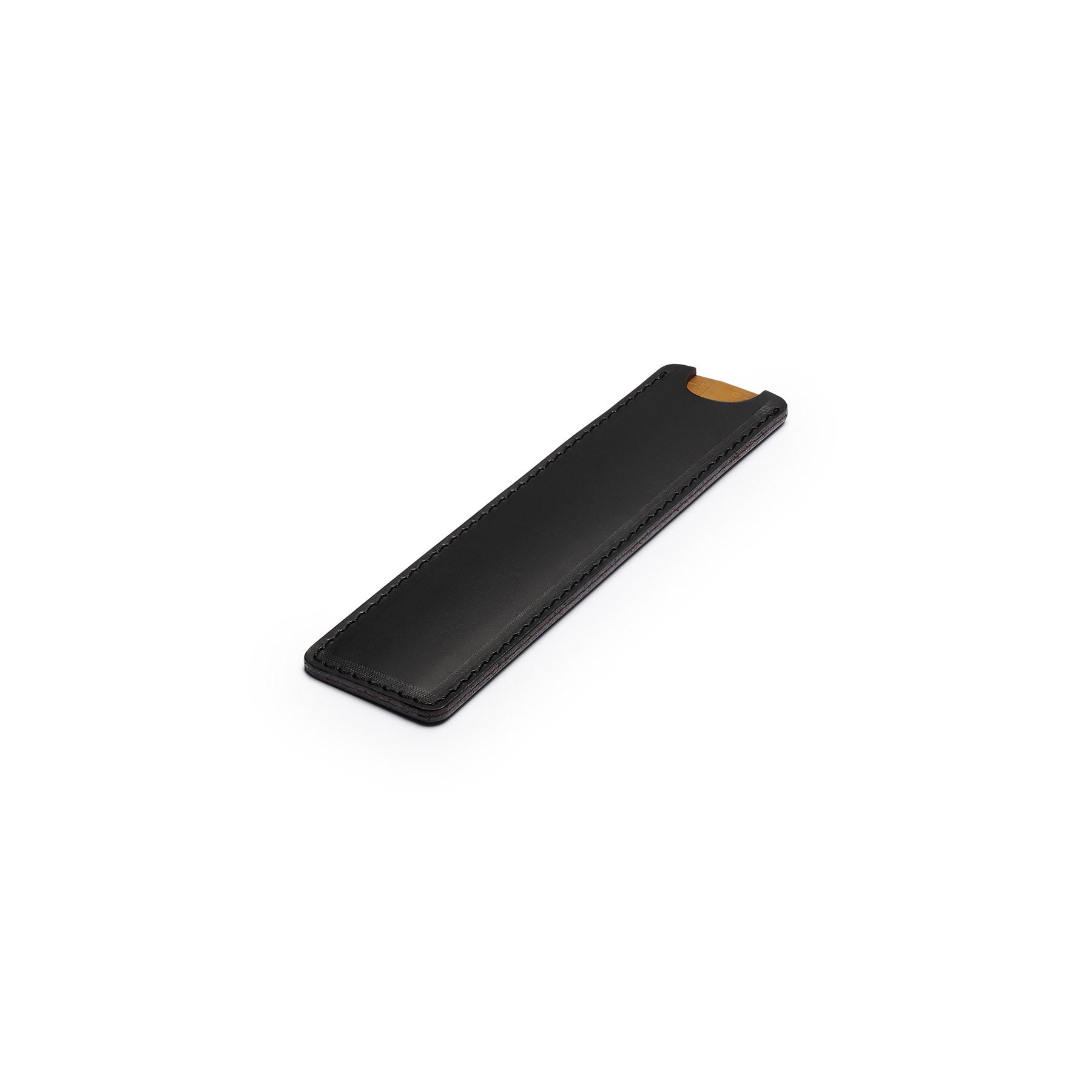 Black solid brass ruler with leather sheath, flat lay, angled view — desk gift — CarveOn, made in Ireland#Color_Black
