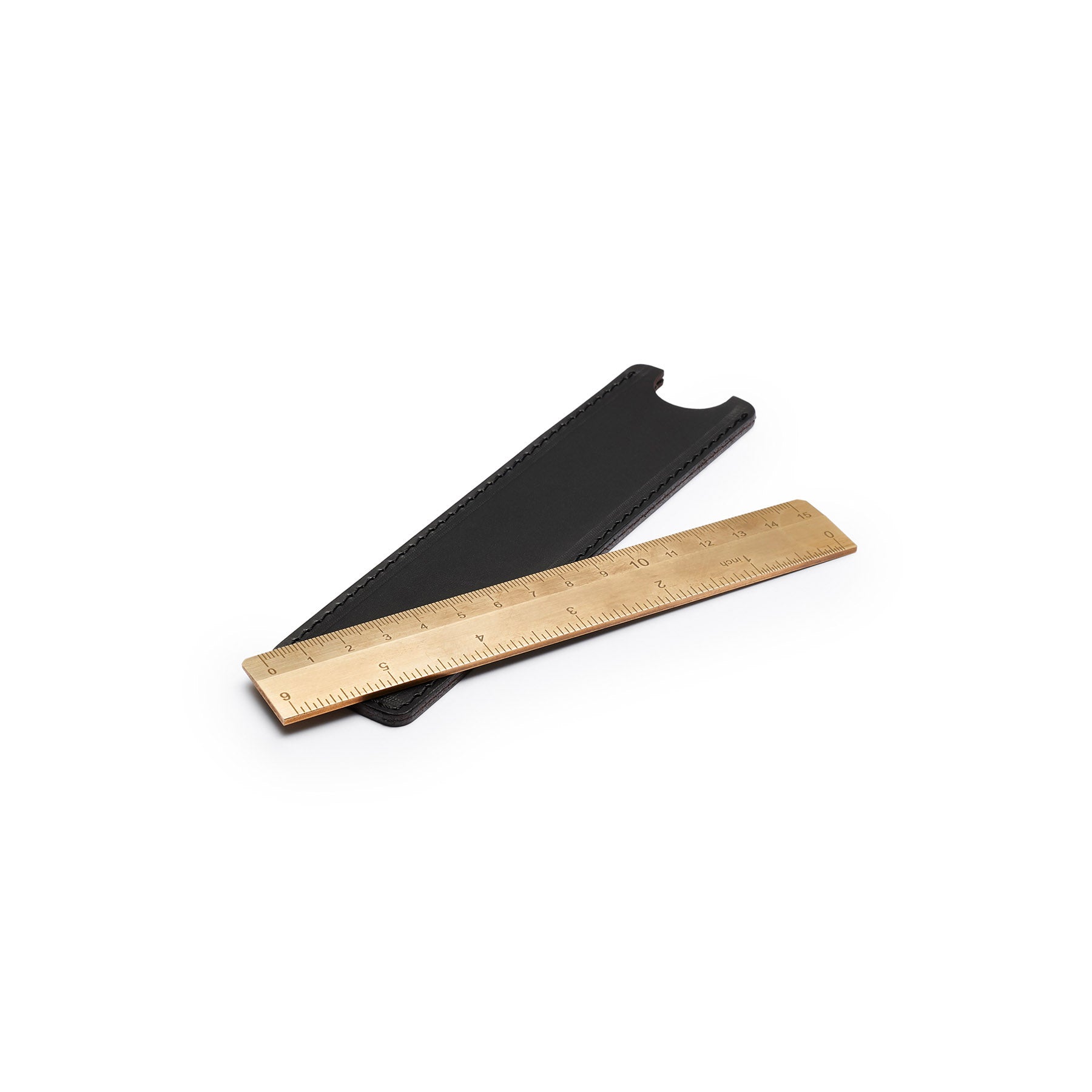 Black solid brass ruler with leather sheath, flat lay, angled view — desk gift — CarveOn, made in Ireland#Color_Black