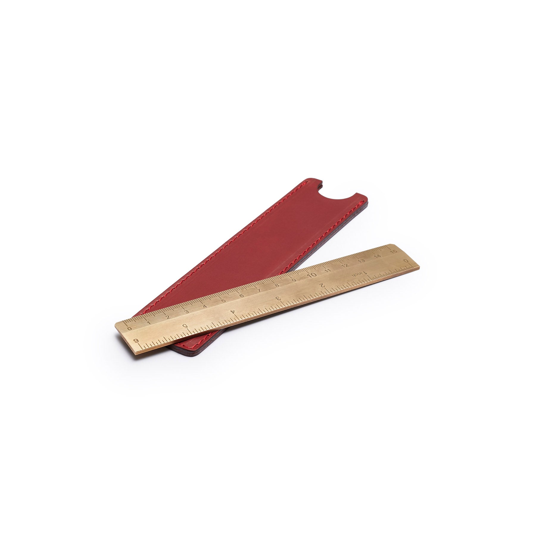 Burgundy solid brass ruler with leather sheath, flat lay, angled view — desk gift — CarveOn, made in Ireland#Color_Burgundy
