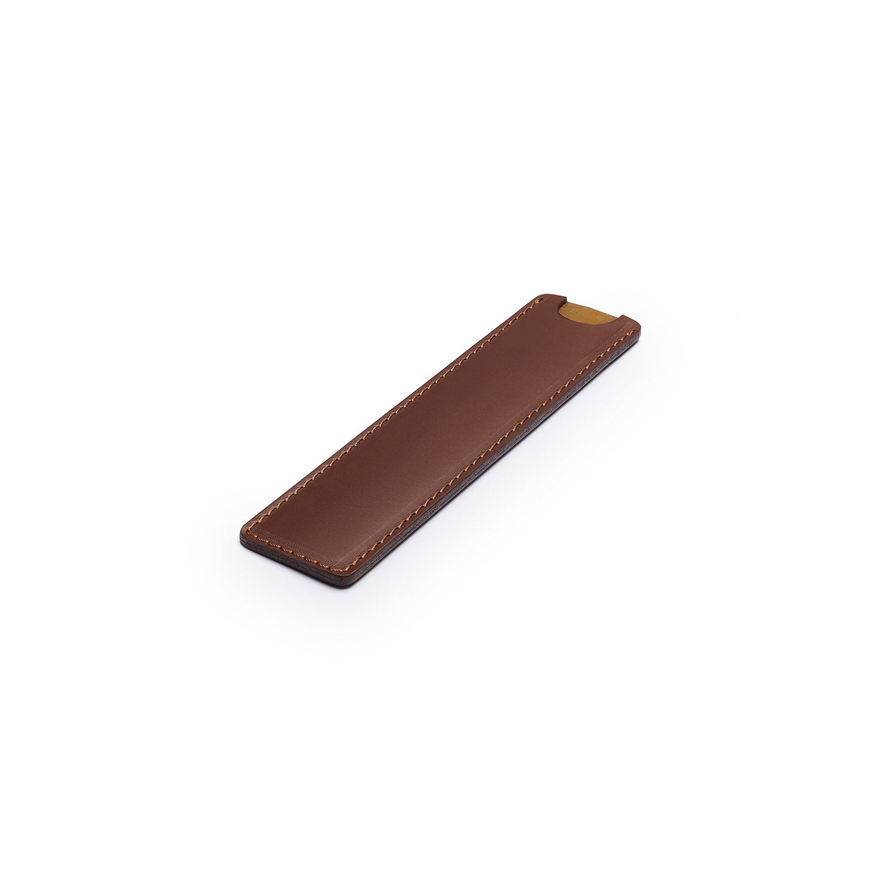 Dark Brown solid brass ruler with leather sheath, flat lay, angled view — desk gift — CarveOn, made in Ireland#Color_Dark Brown