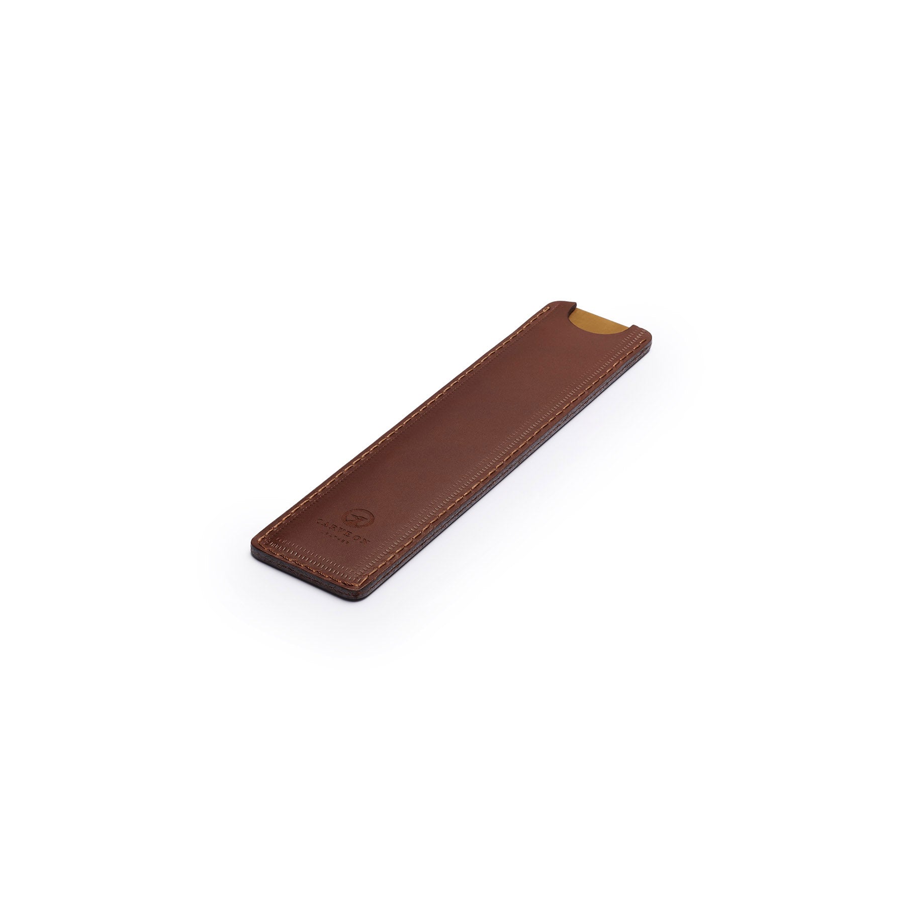 Dark Brown solid brass ruler with leather sheath, flat lay, angled view — desk gift — CarveOn, made in Ireland#Color_Dark Brown