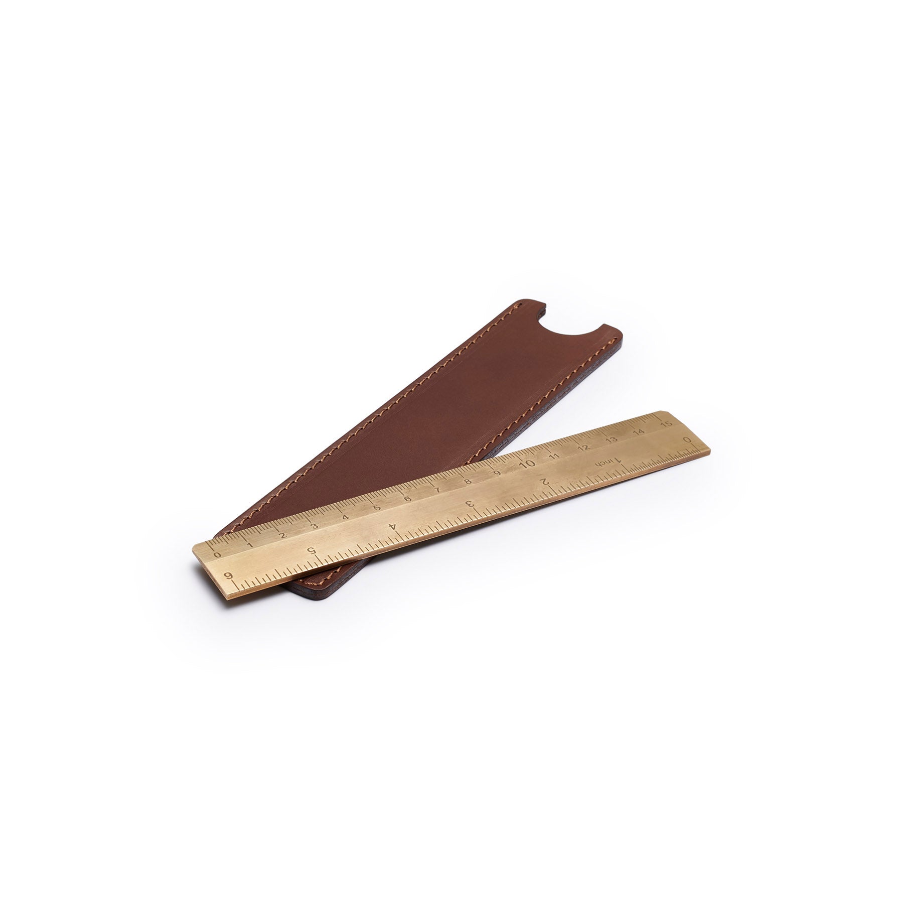 Dark Brown solid brass ruler with leather sheath, flat lay, angled view — desk gift — CarveOn, made in Ireland#Color_Dark Brown