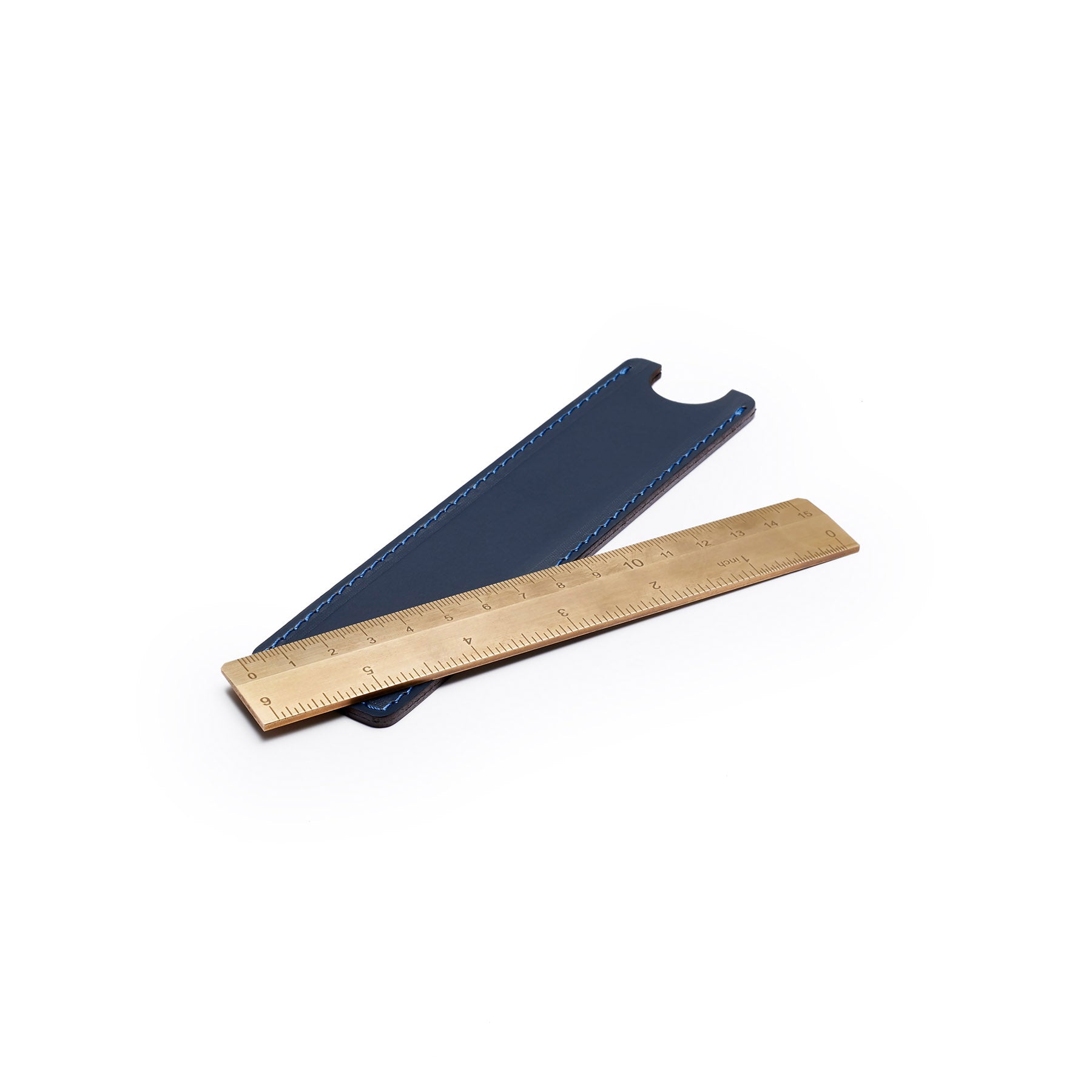 Navy solid brass ruler with leather sheath, flat lay, angled view — desk gift — CarveOn, made in Ireland#Color_Navy