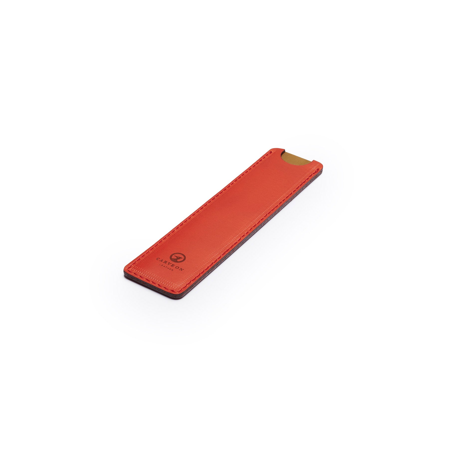 Red solid brass ruler with leather sheath, flat lay, angled view — desk gift — CarveOn, made in Ireland#Color_Red