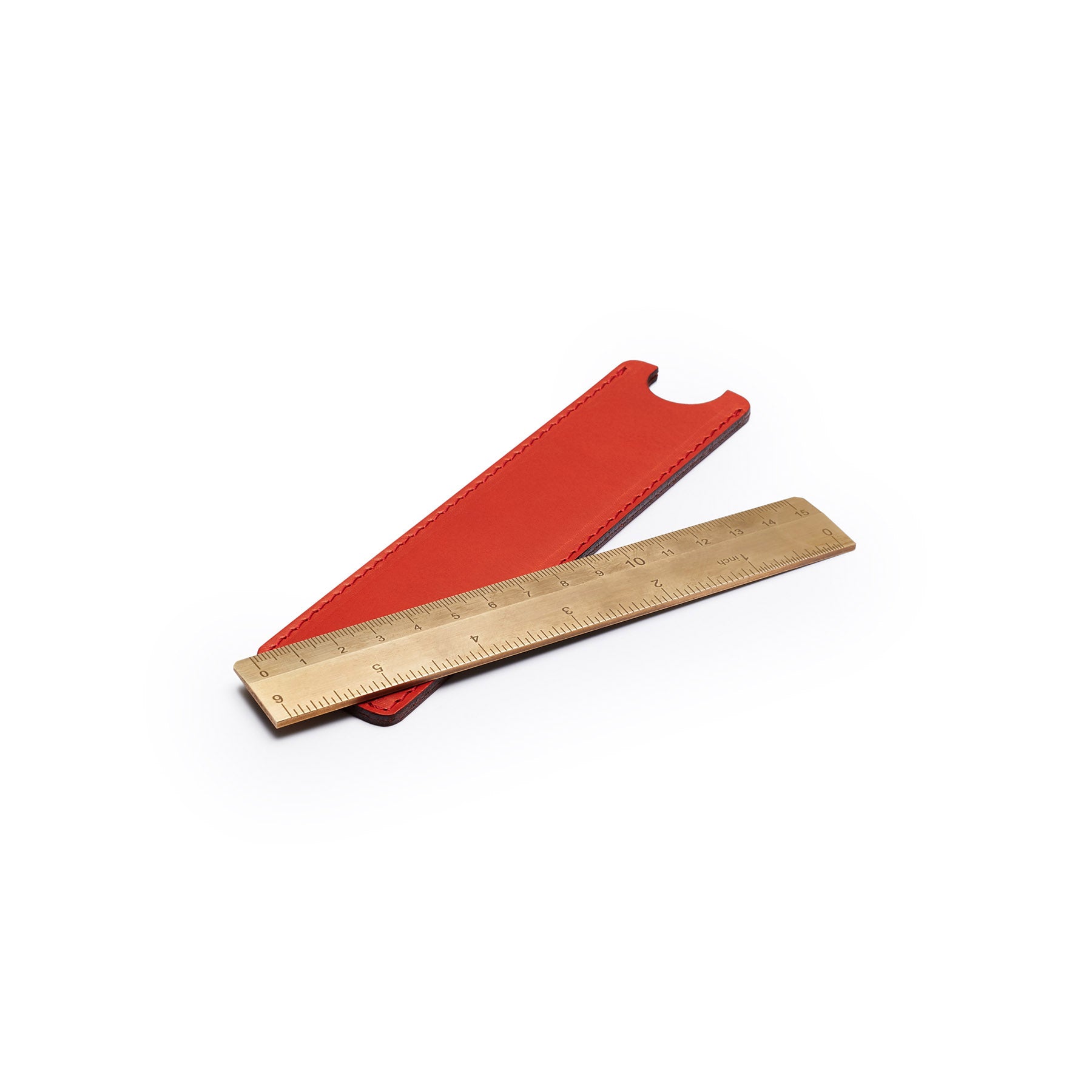 Red solid brass ruler with leather sheath, flat lay, angled view — desk gift — CarveOn, made in Ireland#Color_Red