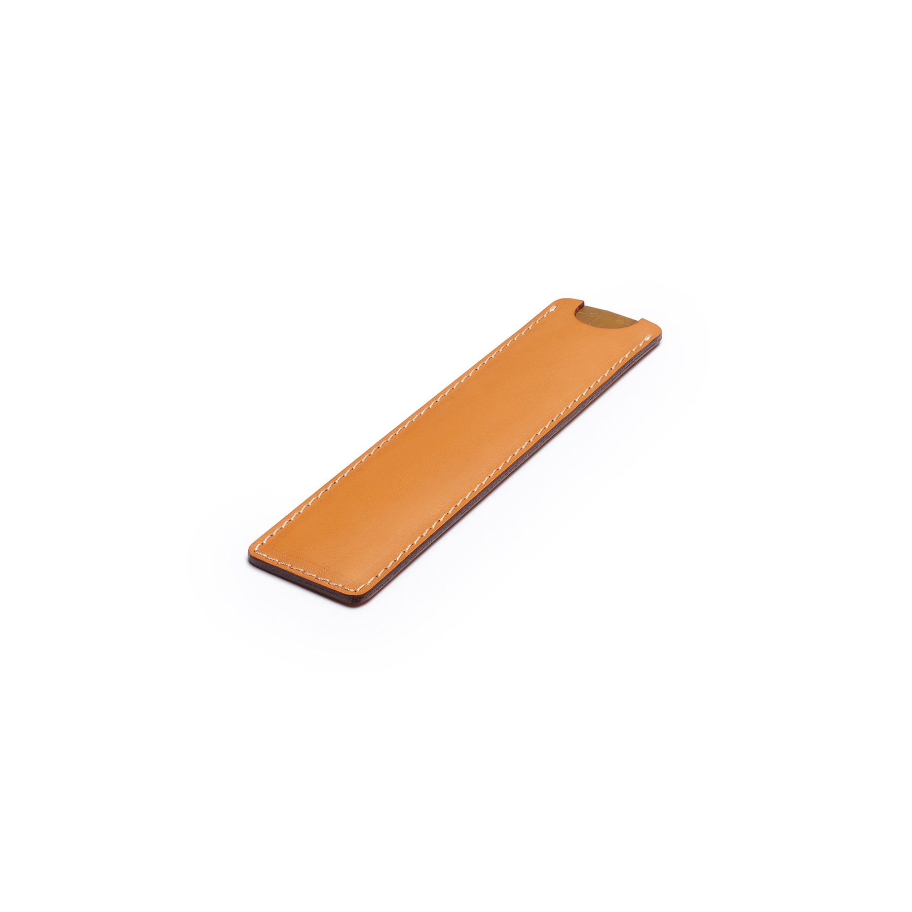 Tan solid brass ruler with leather sheath, flat lay, angled view — desk gift — CarveOn, made in Ireland#Color_Tan