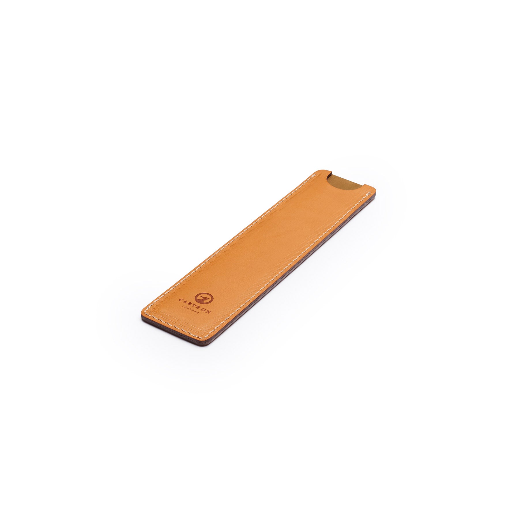 Tan solid brass ruler with leather sheath, flat lay, angled view — desk gift — CarveOn, made in Ireland#Color_Tan
