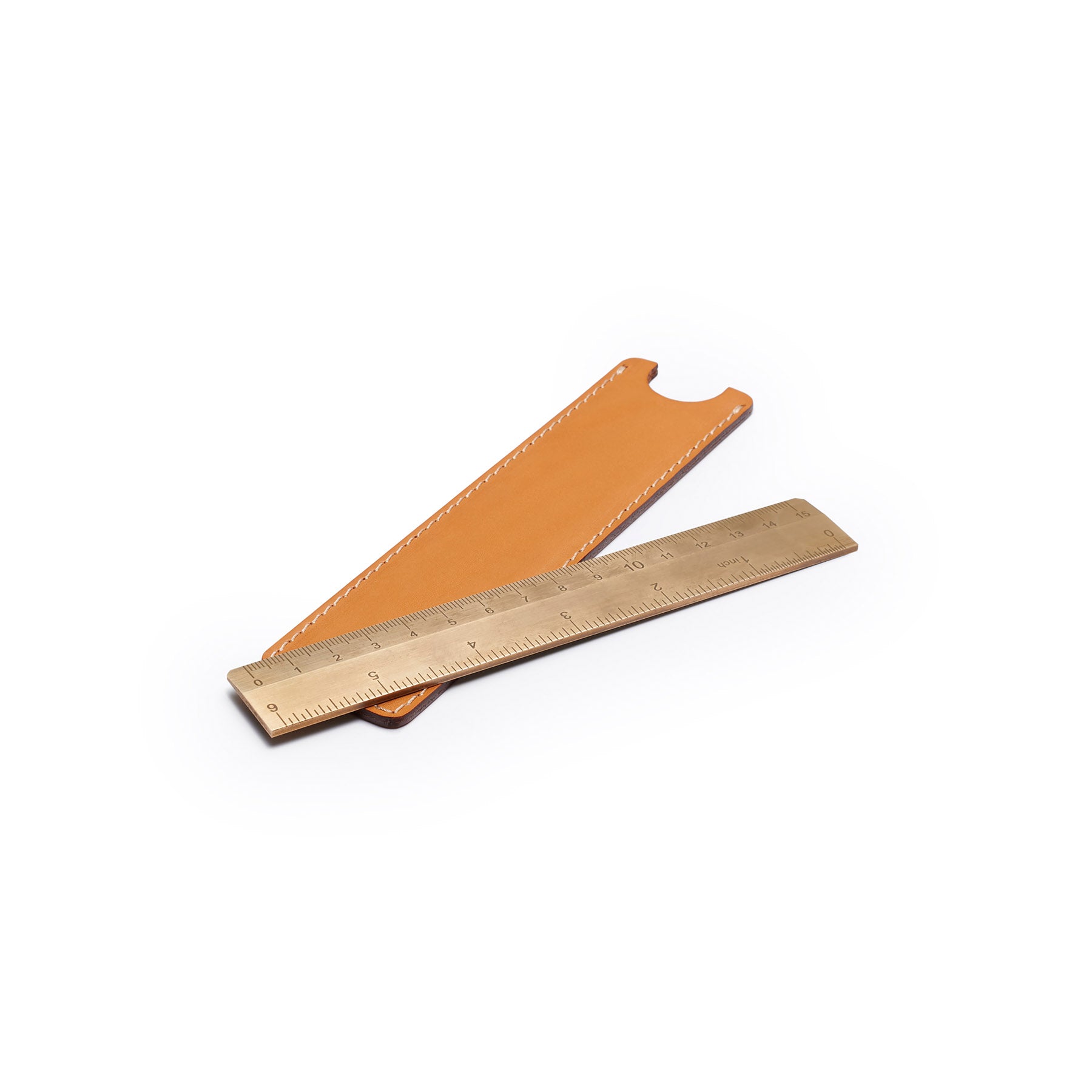 Tan solid brass ruler with leather sheath, flat lay, angled view — desk gift — CarveOn, made in Ireland#Color_Tan