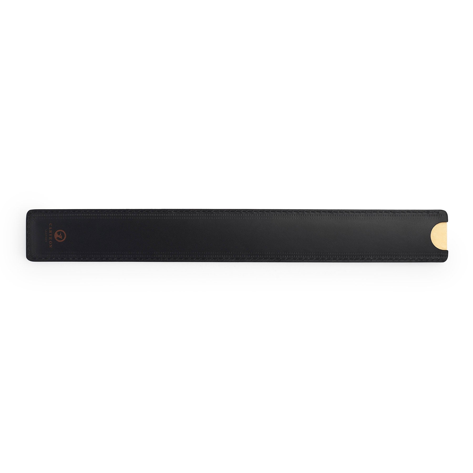 Black solid brass ruler with leather sheath, flat lay — desk gift — CarveOn, made in Ireland#Color_Black
