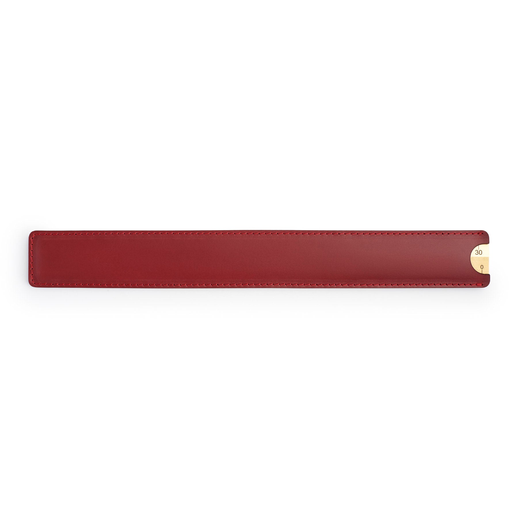 Burgundy solid brass ruler with leather sheath, flat lay — desk gift — CarveOn, made in Ireland#Color_Burgundy
