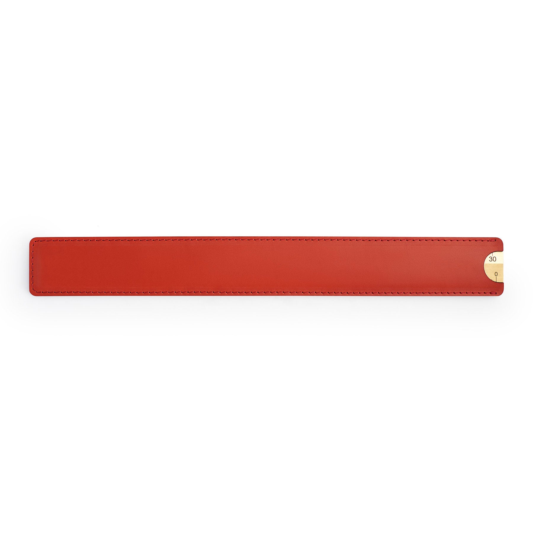 Red solid brass ruler with leather sheath, flat lay — desk gift — CarveOn, made in Ireland#Color_Red