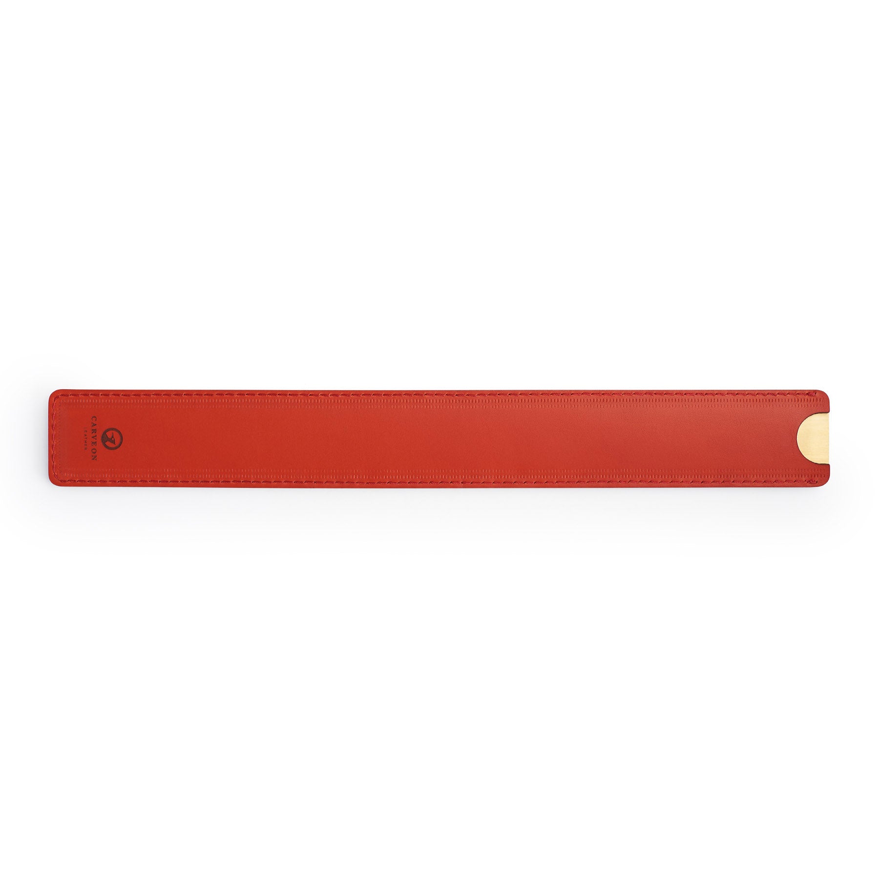 Red solid brass ruler with leather sheath, flat lay — desk gift — CarveOn, made in Ireland#Color_Red