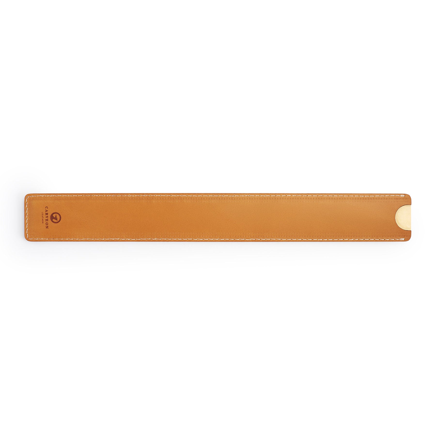 Tan solid brass ruler with leather sheath, flat lay — desk gift — CarveOn, made in Ireland#Color_Tan