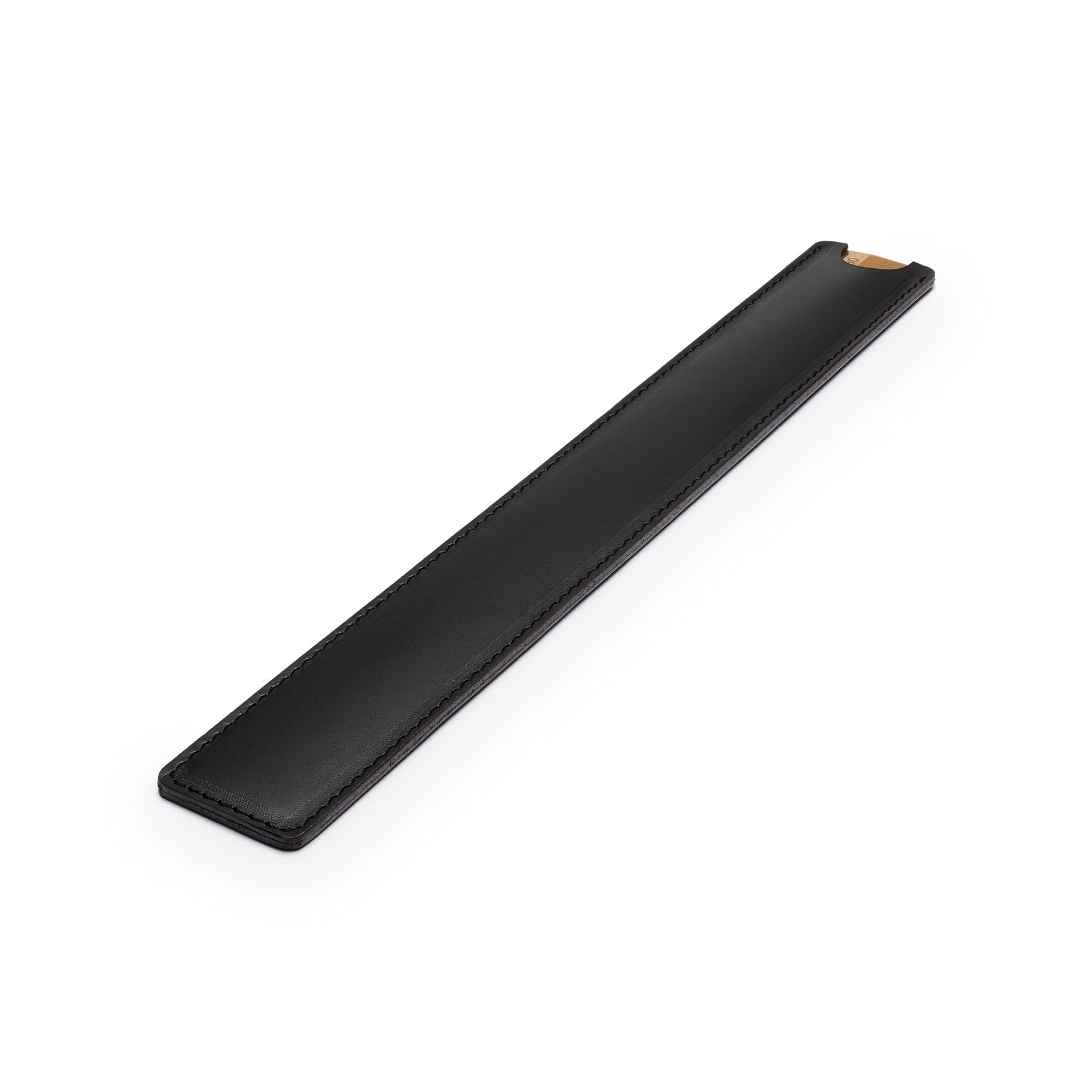 Black solid brass ruler with leather sheath, flat lay, angled view — desk gift — CarveOn, made in Ireland#Color_Black