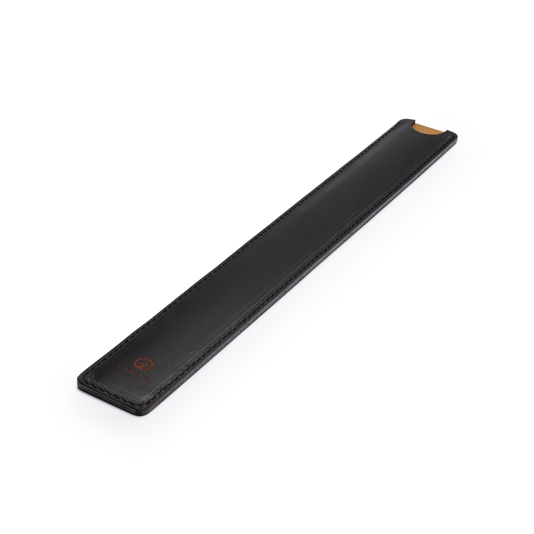 Black solid brass ruler with leather sheath, flat lay, angled view — desk gift — CarveOn, made in Ireland#Color_Black