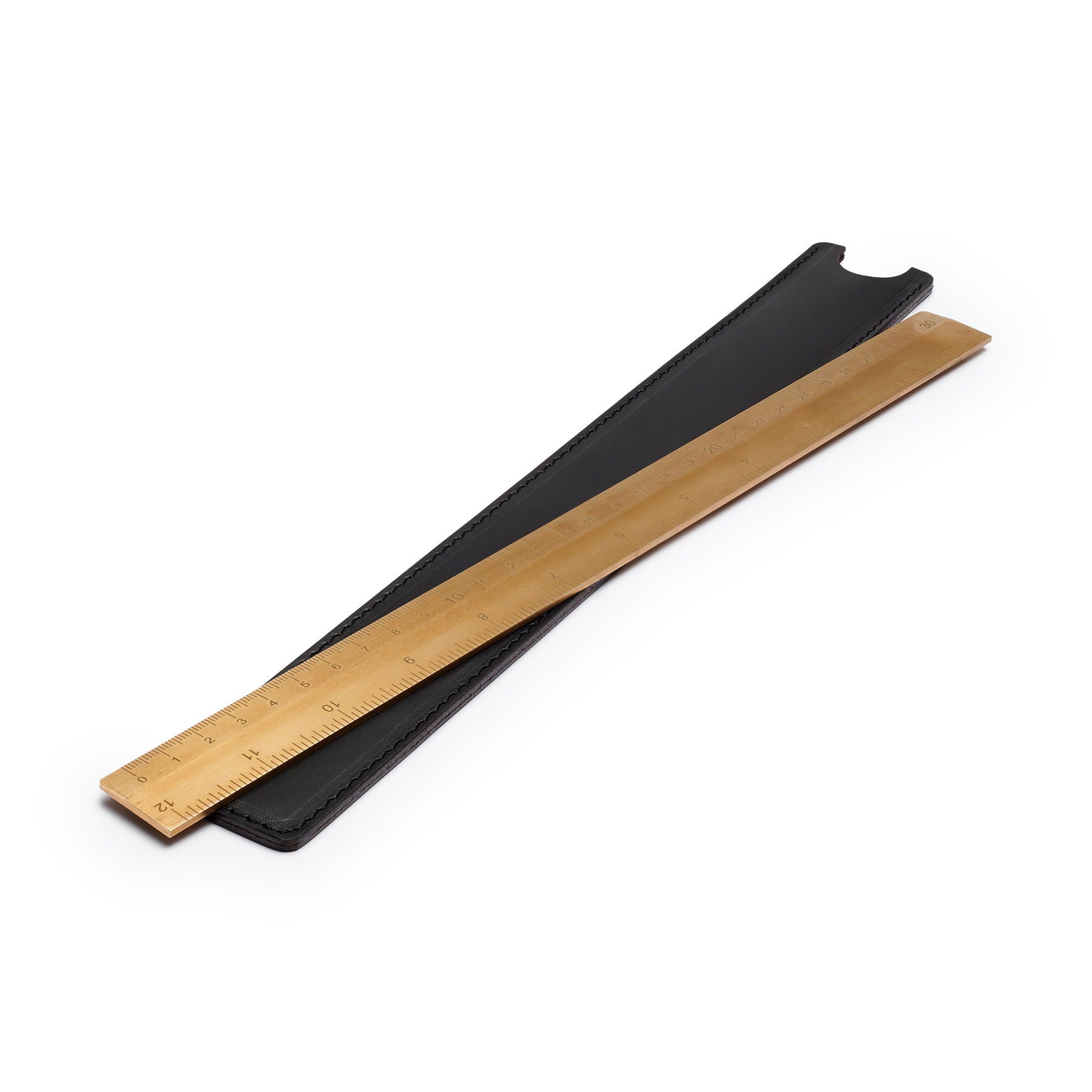 Black solid brass ruler with leather sheath, flat lay, angled view — desk gift — CarveOn, made in Ireland#Color_Black