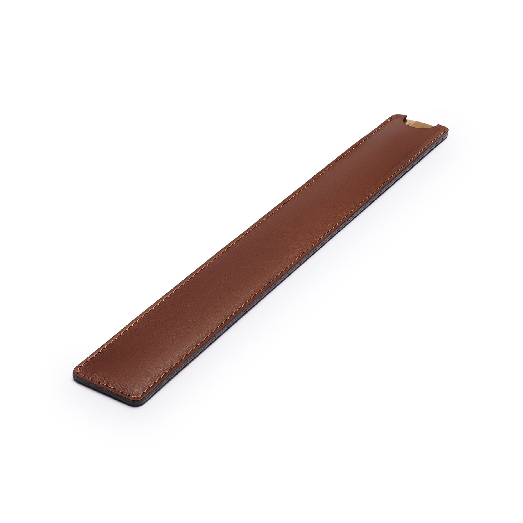 Dark Brown solid brass ruler with leather sheath, flat lay, angled view — desk gift — CarveOn, made in Ireland#Color_Dark Brown
