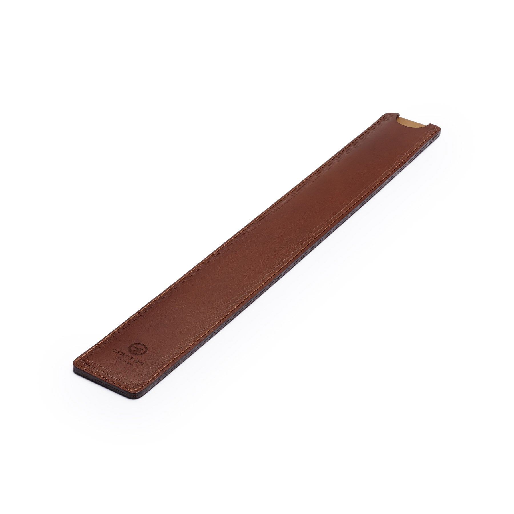 Dark Brown solid brass ruler with leather sheath, flat lay, angled view — desk gift — CarveOn, made in Ireland#Color_Dark Brown