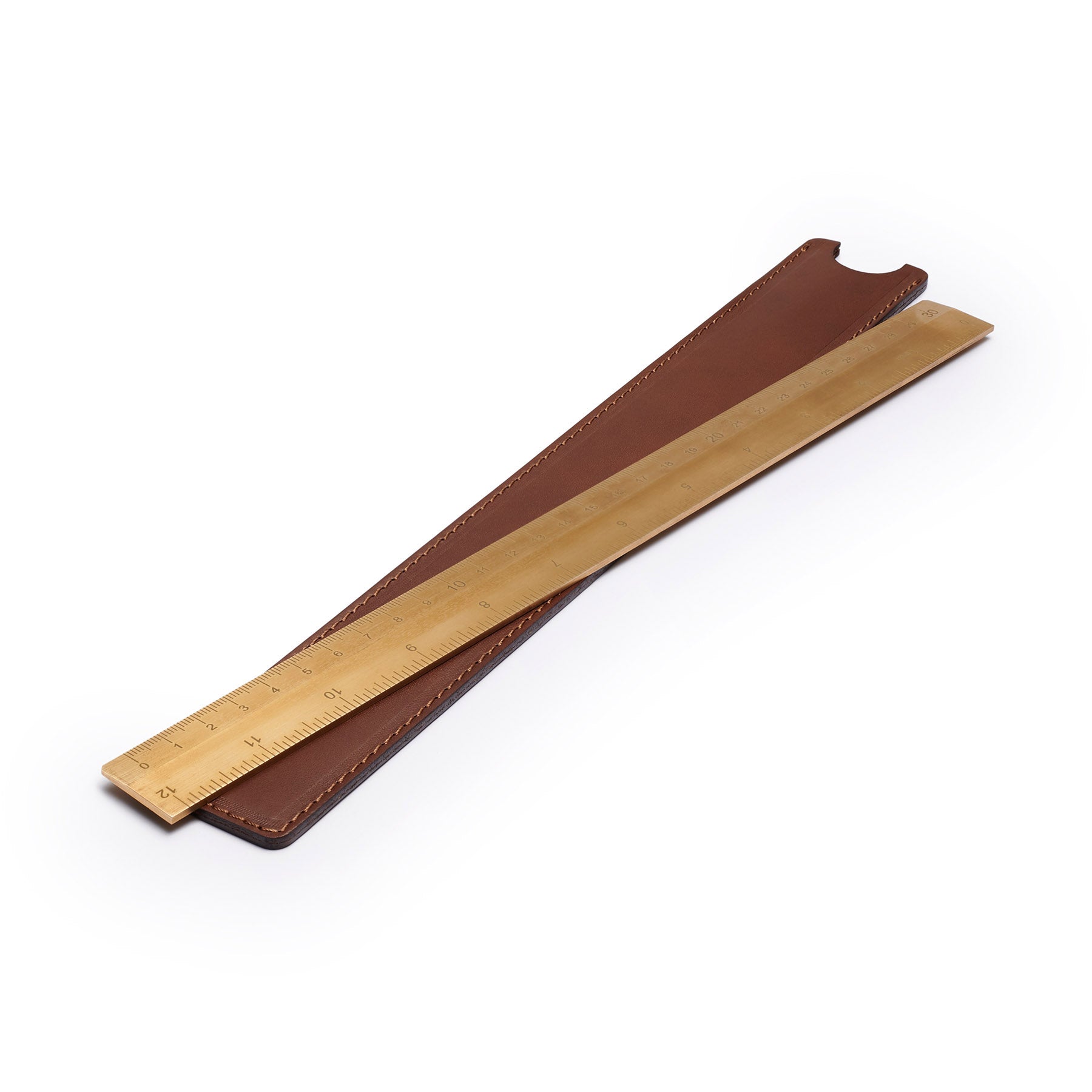 Dark Brown solid brass ruler with leather sheath, flat lay, angled view — desk gift — CarveOn, made in Ireland#Color_Dark Brown