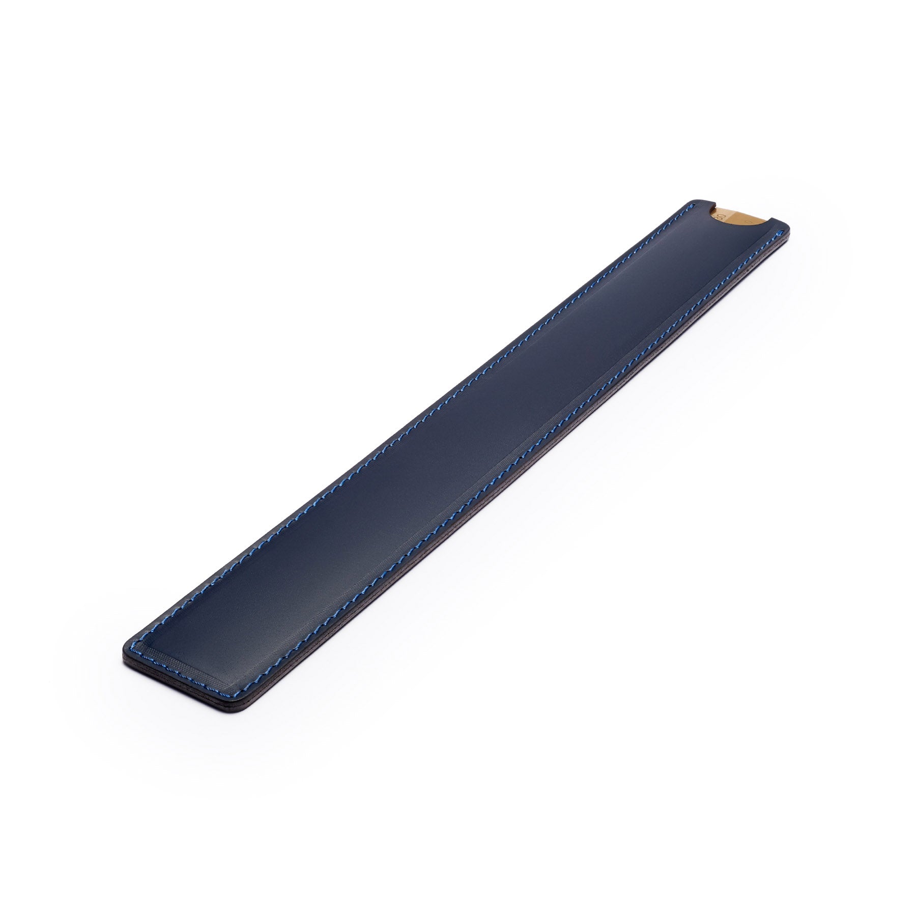 Navy solid brass ruler with leather sheath, flat lay, angled view — desk gift — CarveOn, made in Ireland#Color_Navy