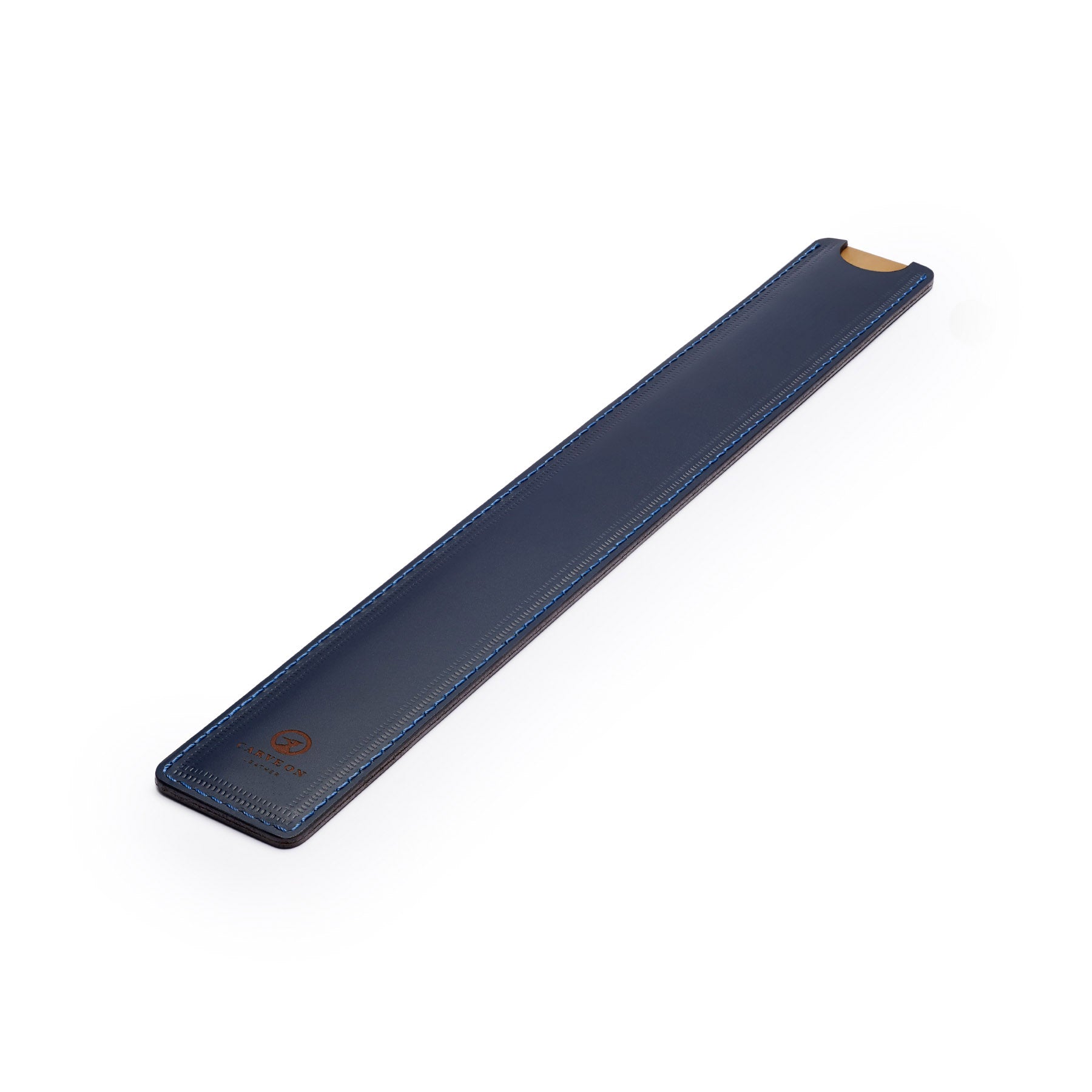 Navy solid brass ruler with leather sheath, flat lay, angled view — desk gift — CarveOn, made in Ireland#Color_Navy