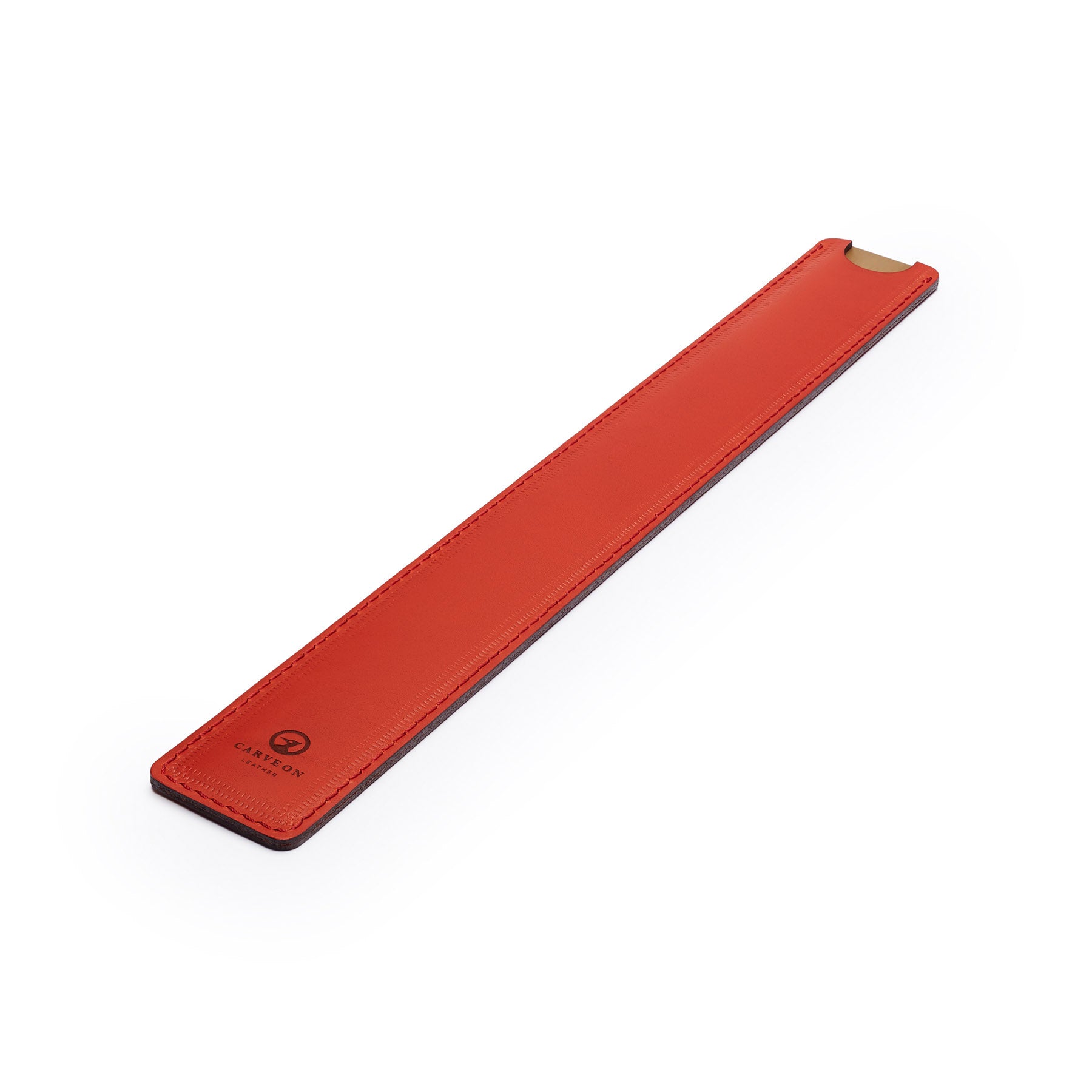 Red solid brass ruler with leather sheath, flat lay, angled view — desk gift — CarveOn, made in Ireland#Color_Red