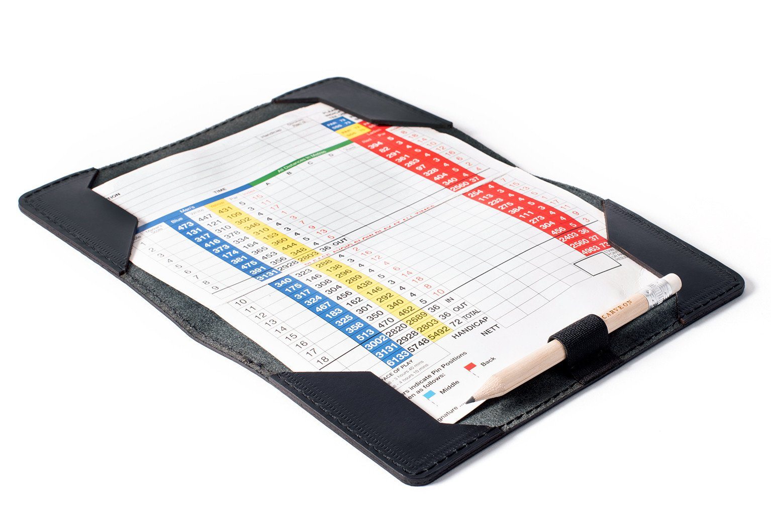 Black leather golf scorecard holder, open showing interior — personalised golf gift — CarveOn, handmade in Ireland#Color_Black