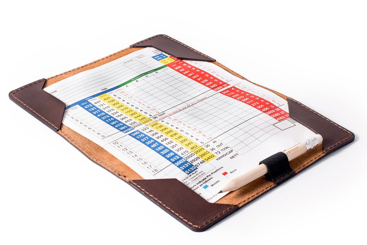 Dark Brown leather golf scorecard holder, open showing interior — personalised golf gift — CarveOn, handmade in Ireland#Color_Dark Brown