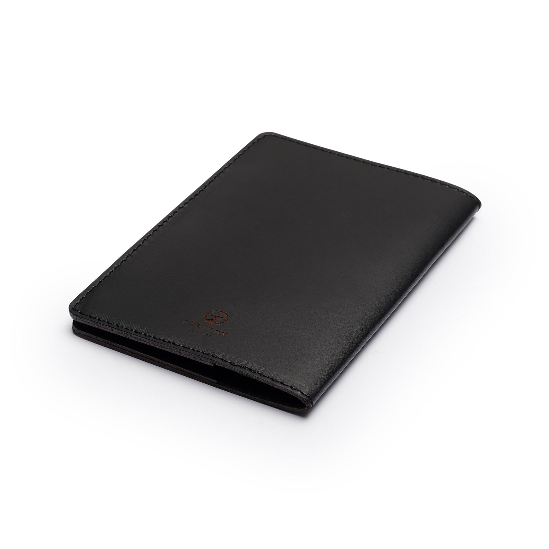 Black leather golf scorecard holder, flat lay, angled view — personalised golf gift — CarveOn, handmade in Ireland#Color_Black