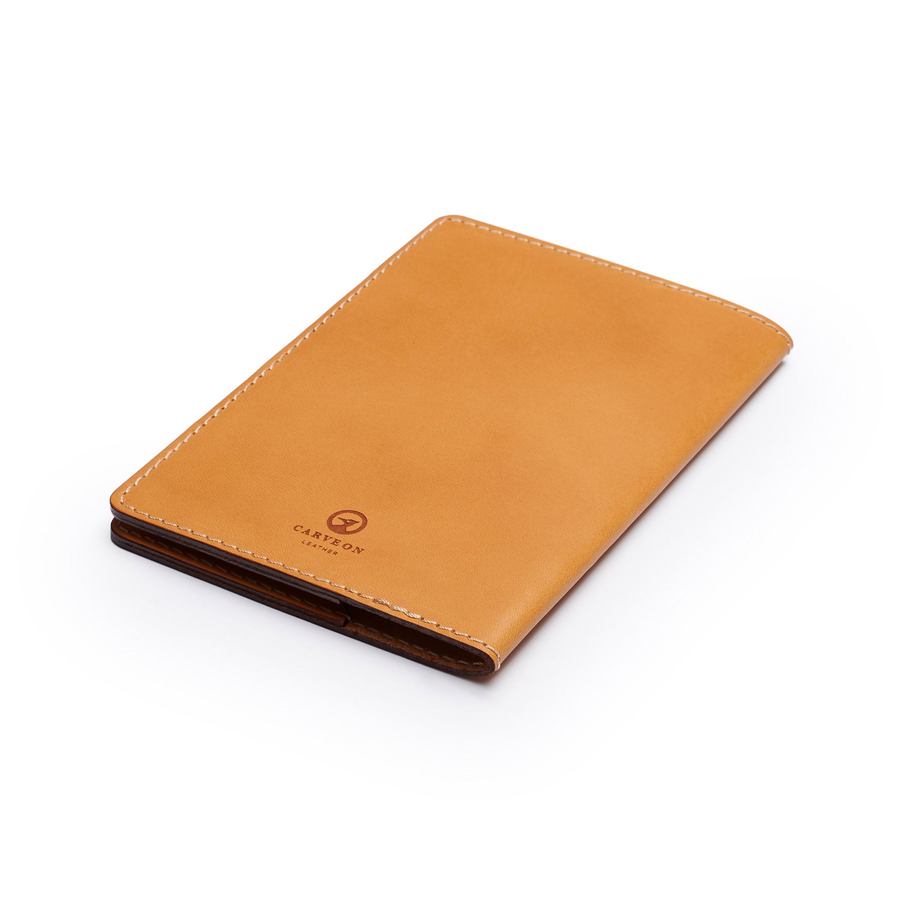 Tan leather golf scorecard holder, flat lay, angled view — personalised golf gift — CarveOn, handmade in Ireland#Color_Tan