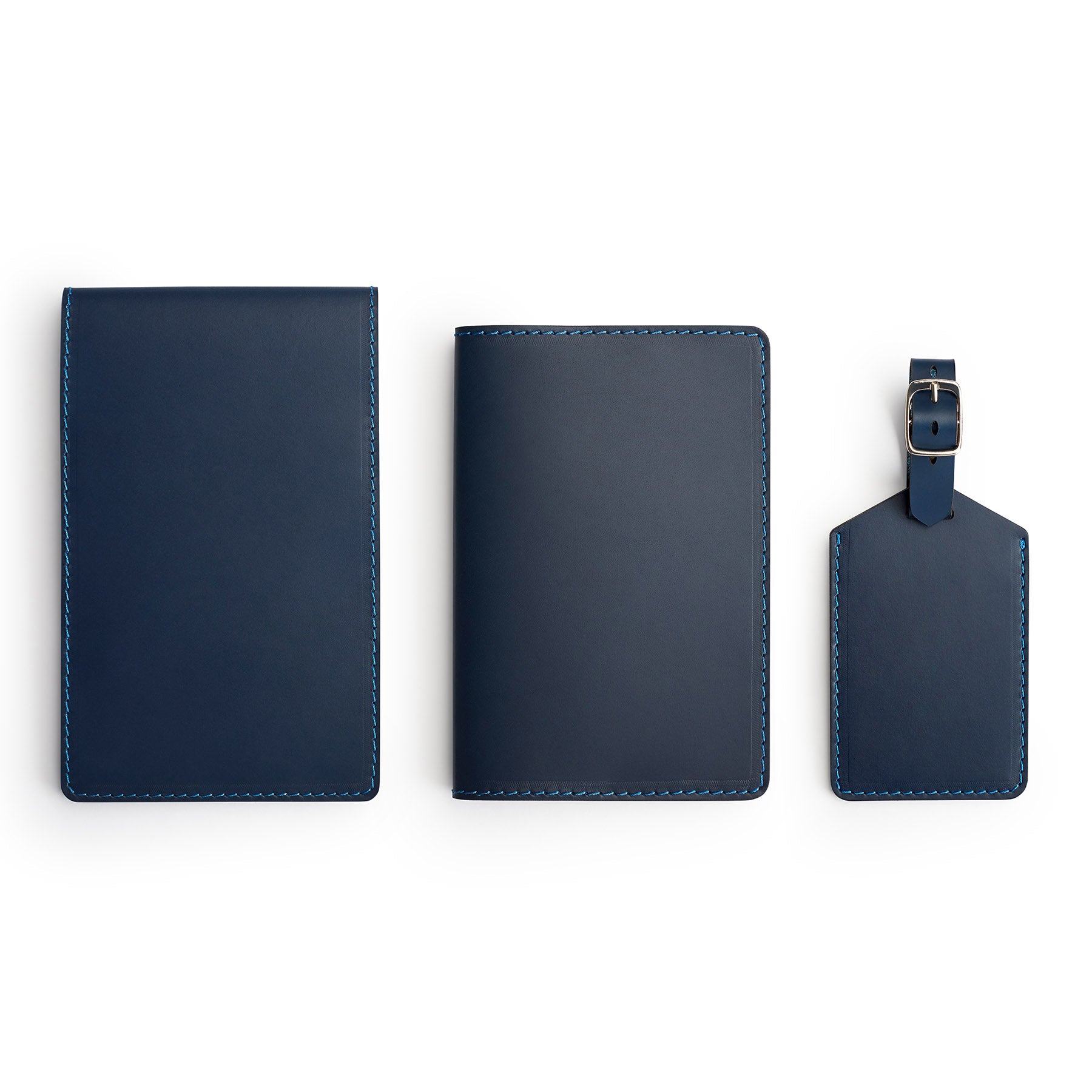 Navy leather golf gift set, flat lay — personalised — CarveOn, handmade in Ireland#Color_Navy
