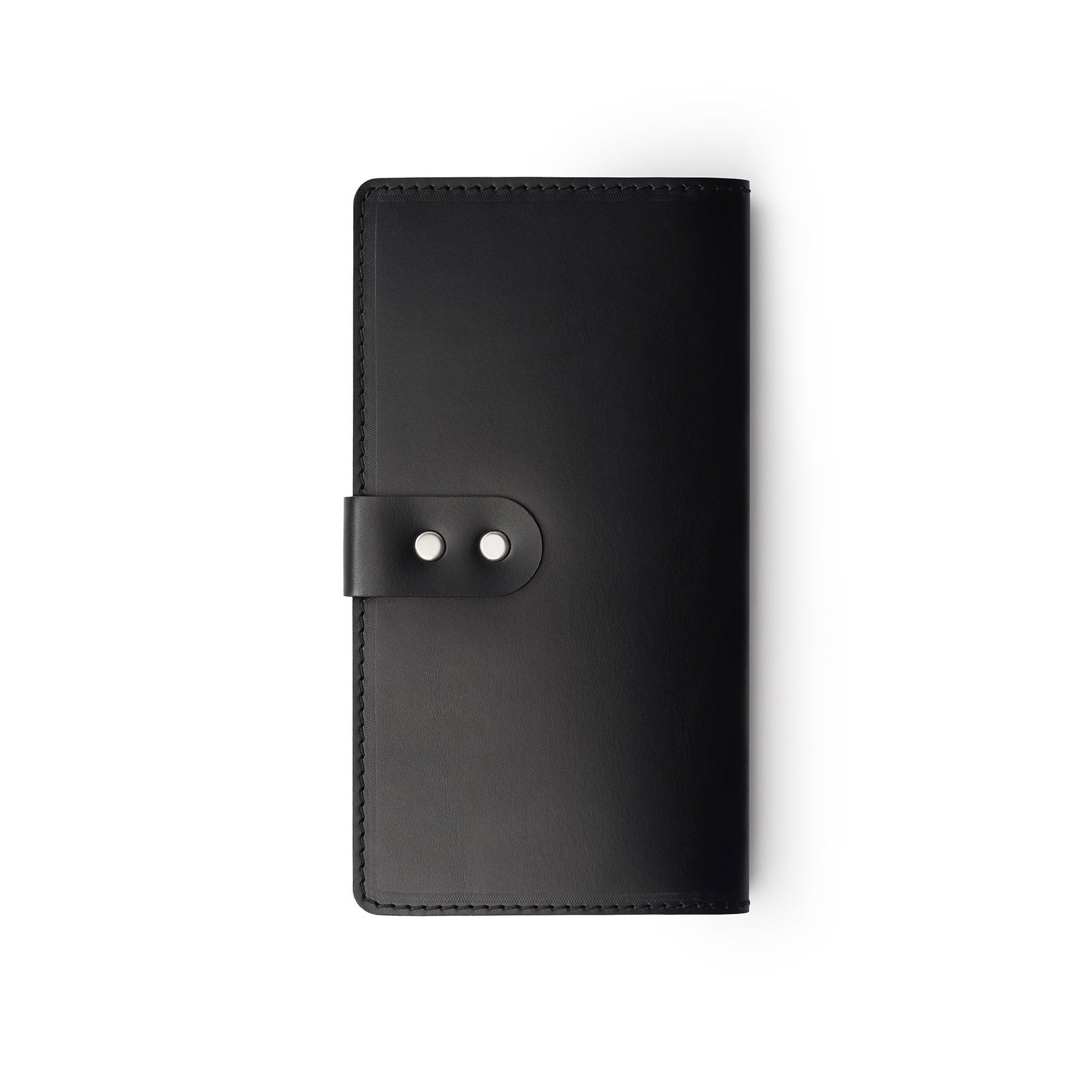 Black full-grain leather travel wallet, flat lay — personalised — CarveOn, made in Ireland#Color_Black