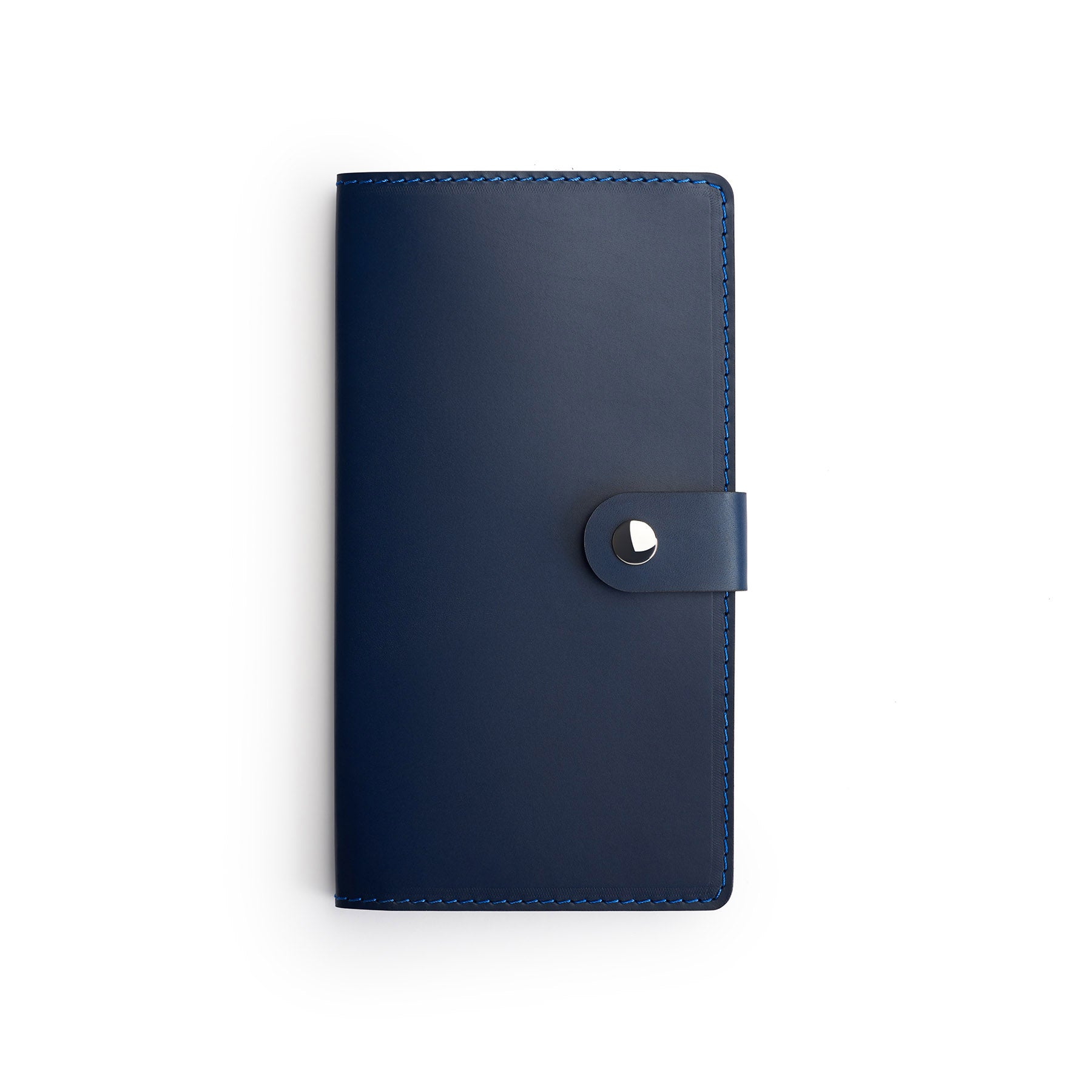 Navy full-grain leather travel wallet, flat lay — personalised — CarveOn, made in Ireland#Color_Navy