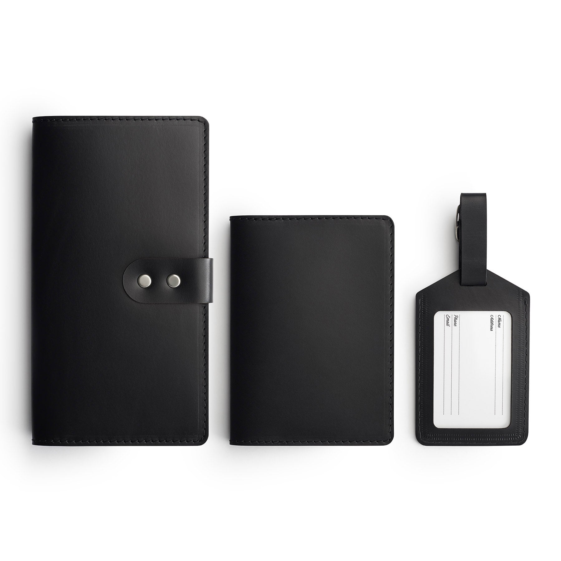 Black leather travel gift set, flat lay — personalised — CarveOn, made in Ireland#Color_Black