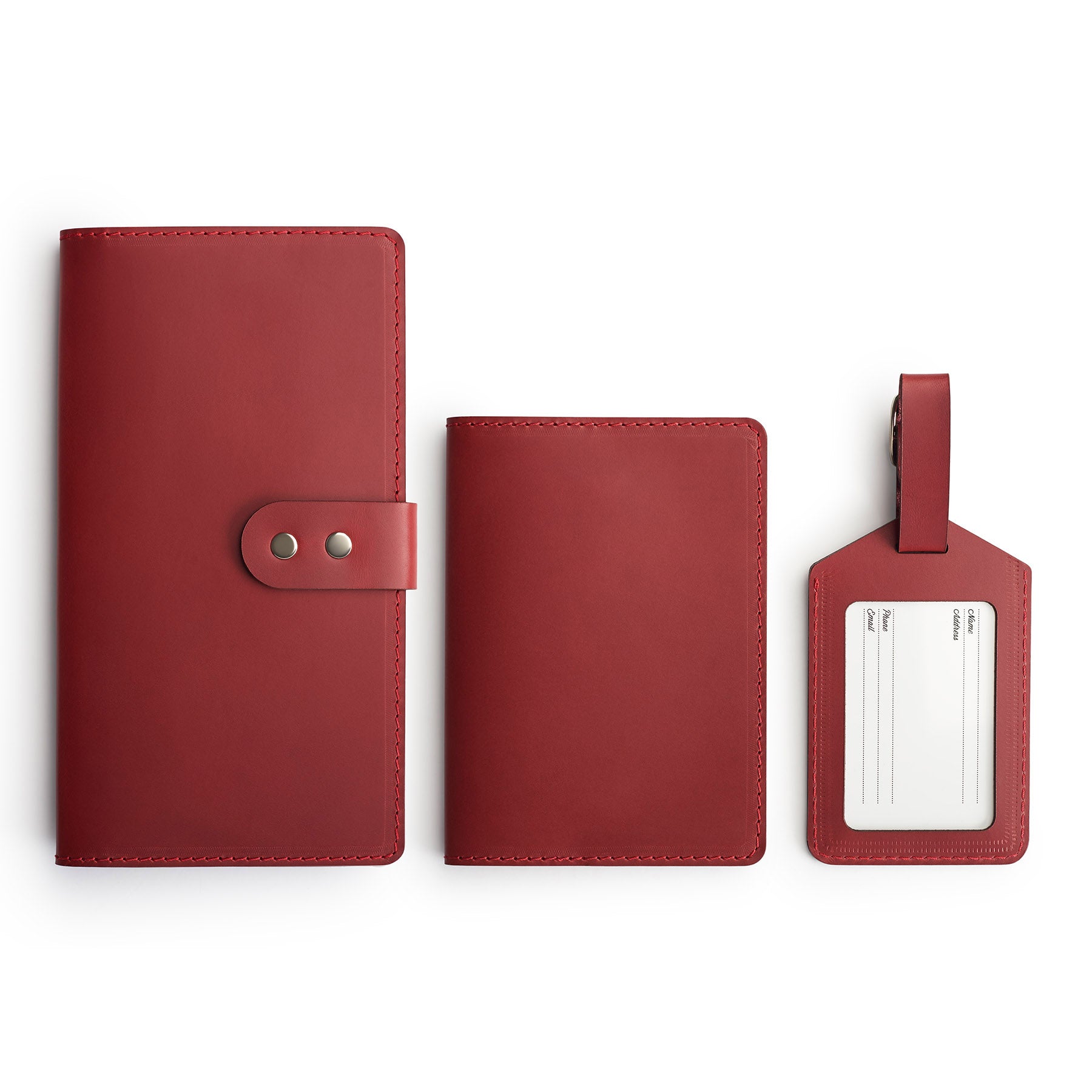 Burgundy leather travel gift set, flat lay — personalised — CarveOn, made in Ireland#Color_Burgundy