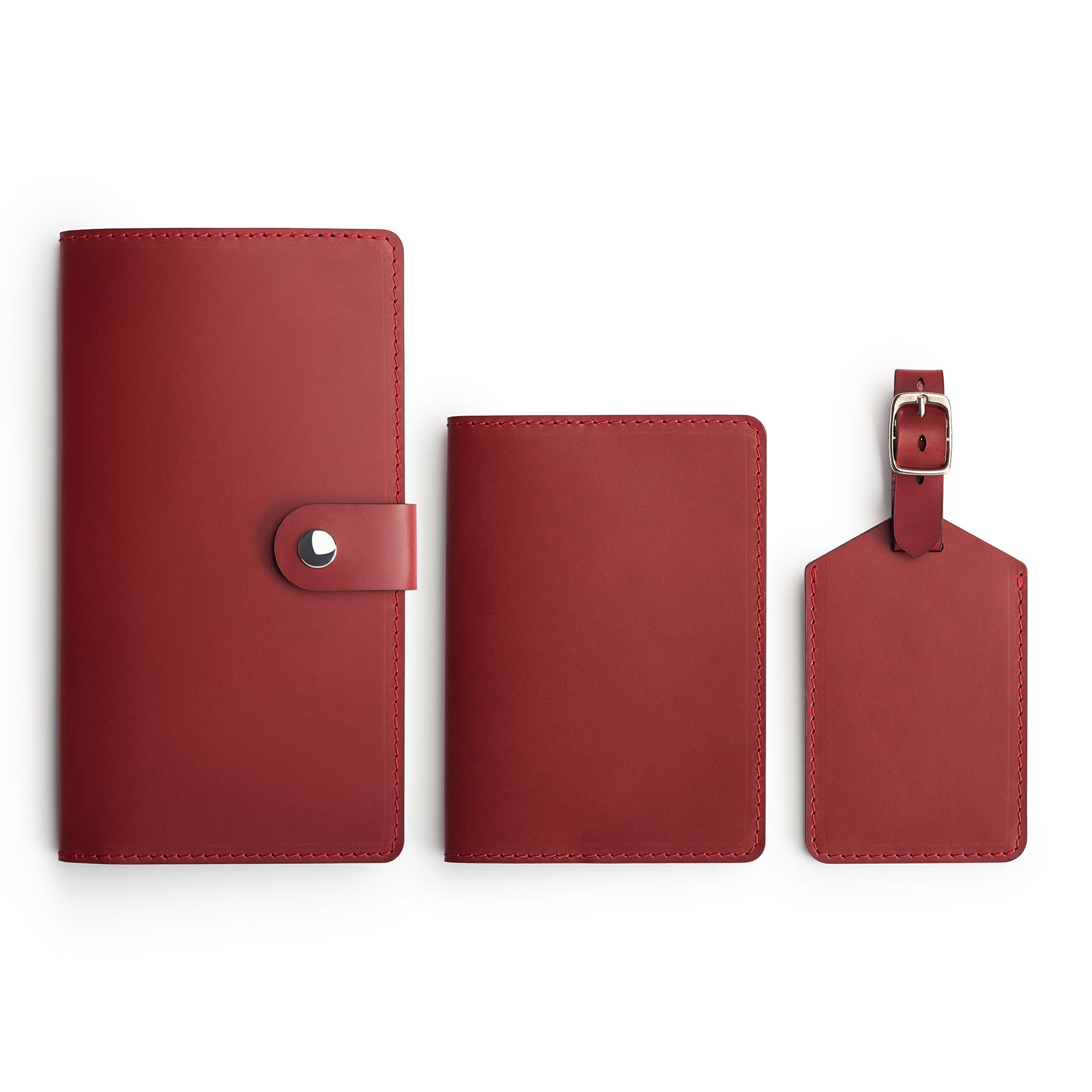Burgundy leather travel gift set, flat lay — personalised — CarveOn, made in Ireland#Color_Burgundy