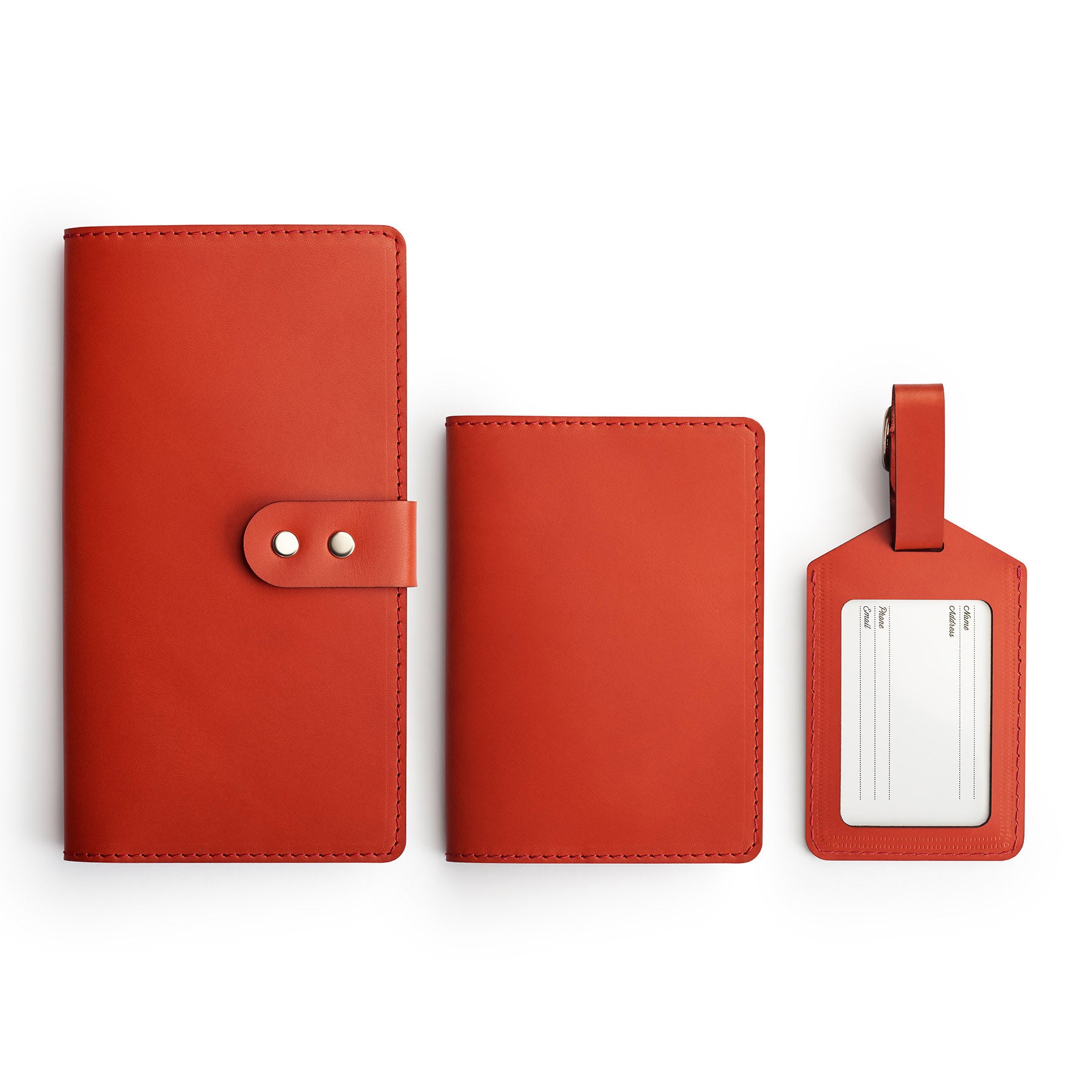 Red leather travel gift set, flat lay — personalised — CarveOn, made in Ireland#Color_Red