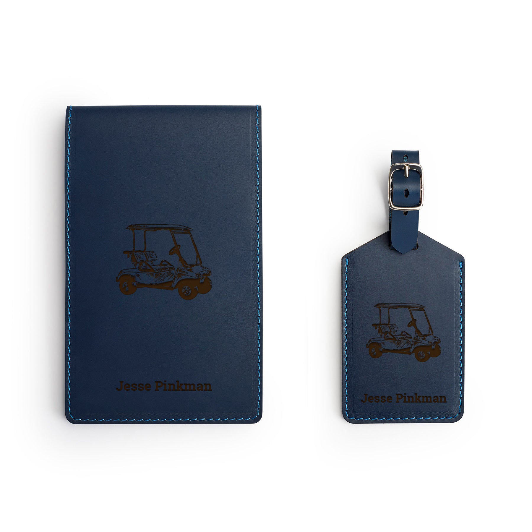 Navy leather yardage book cover — personalised golf gift — CarveOn, handmade in Ireland#Color_Hidden