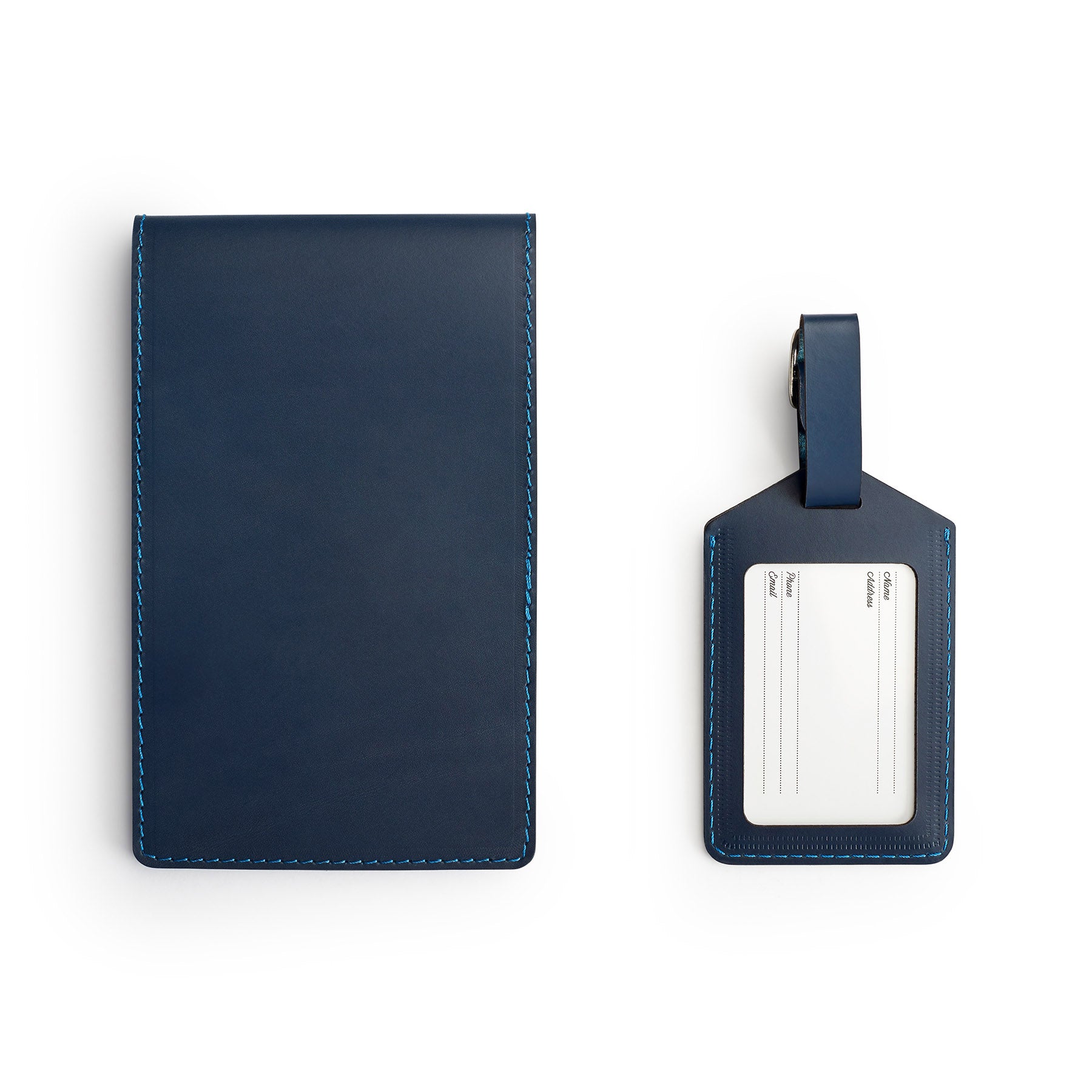 Navy leather yardage book cover, flat lay — personalised golf gift — CarveOn, handmade in Ireland#Color_Navy