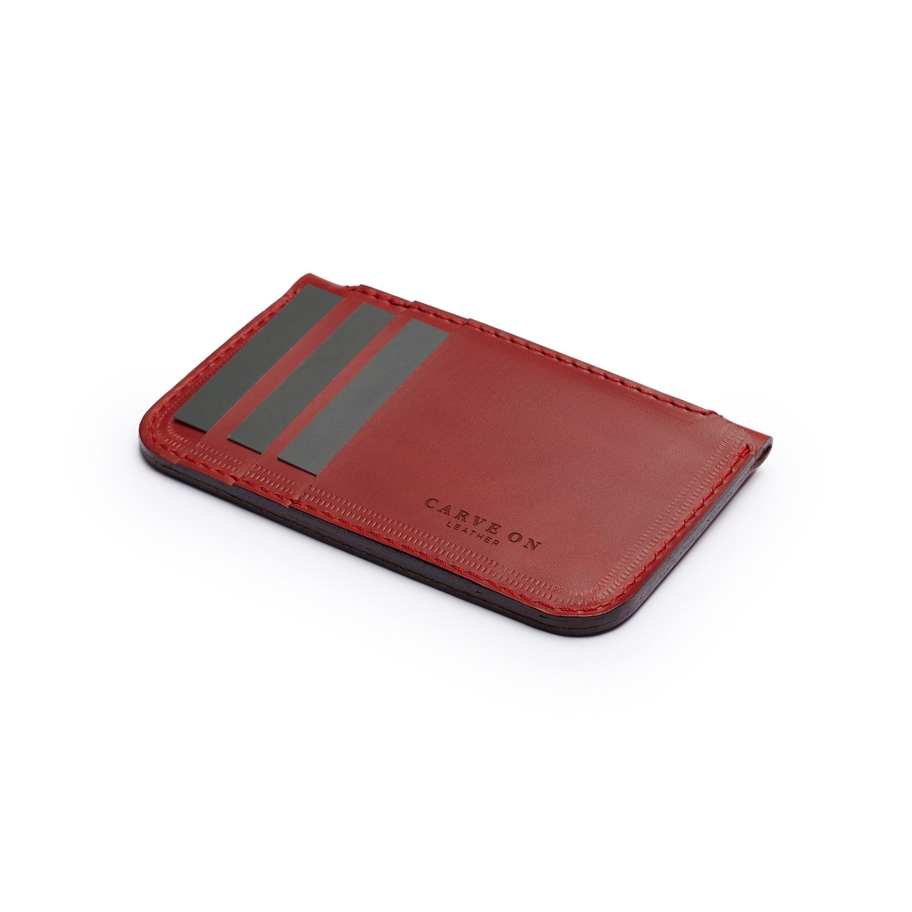 Burgundy full-grain leather zip card wallet, flat lay, angled view — personalised — CarveOn, made in Ireland#Color_Burgundy