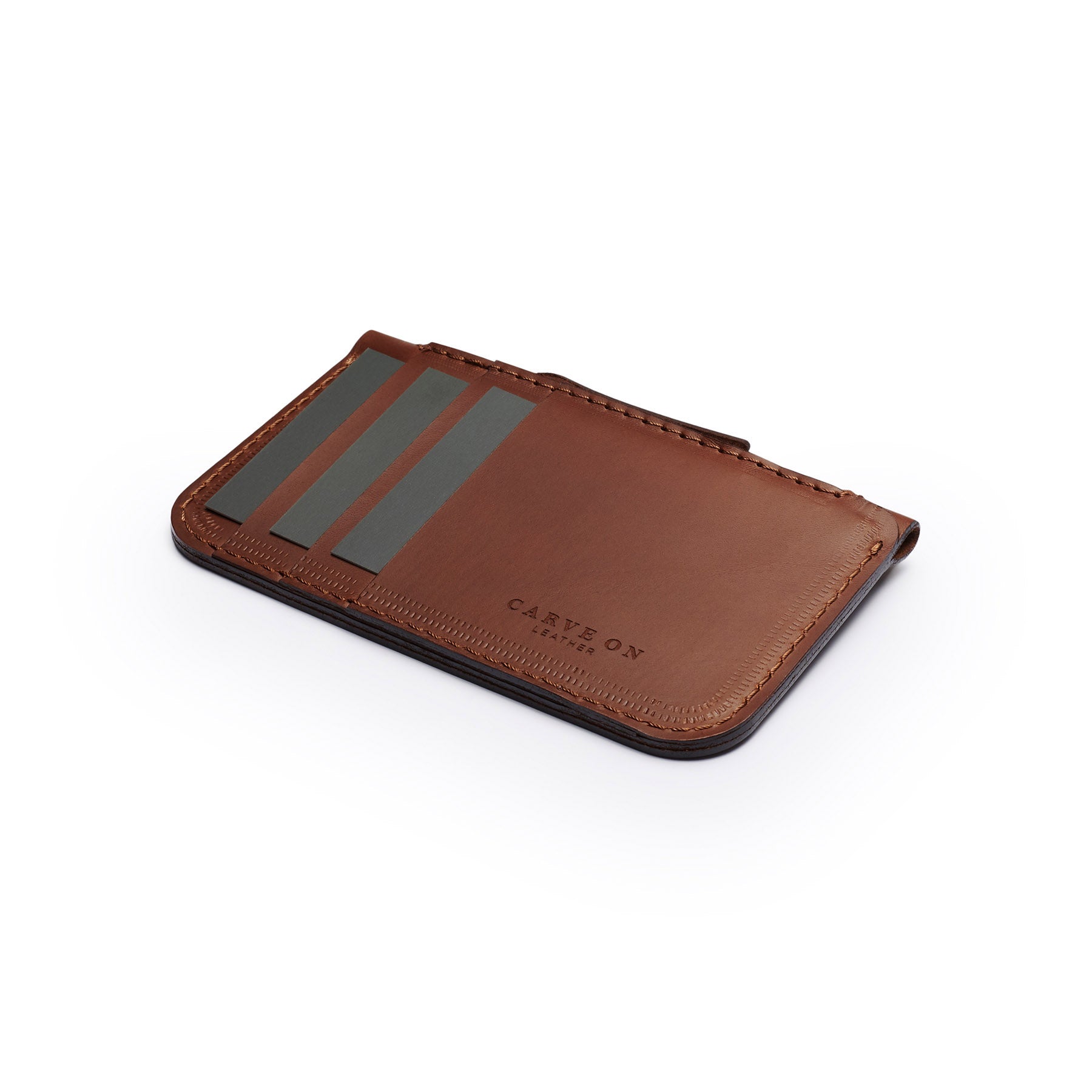 Dark Brown full-grain leather zip card wallet, flat lay, angled view — personalised — CarveOn, made in Ireland#Color_Dark Brown