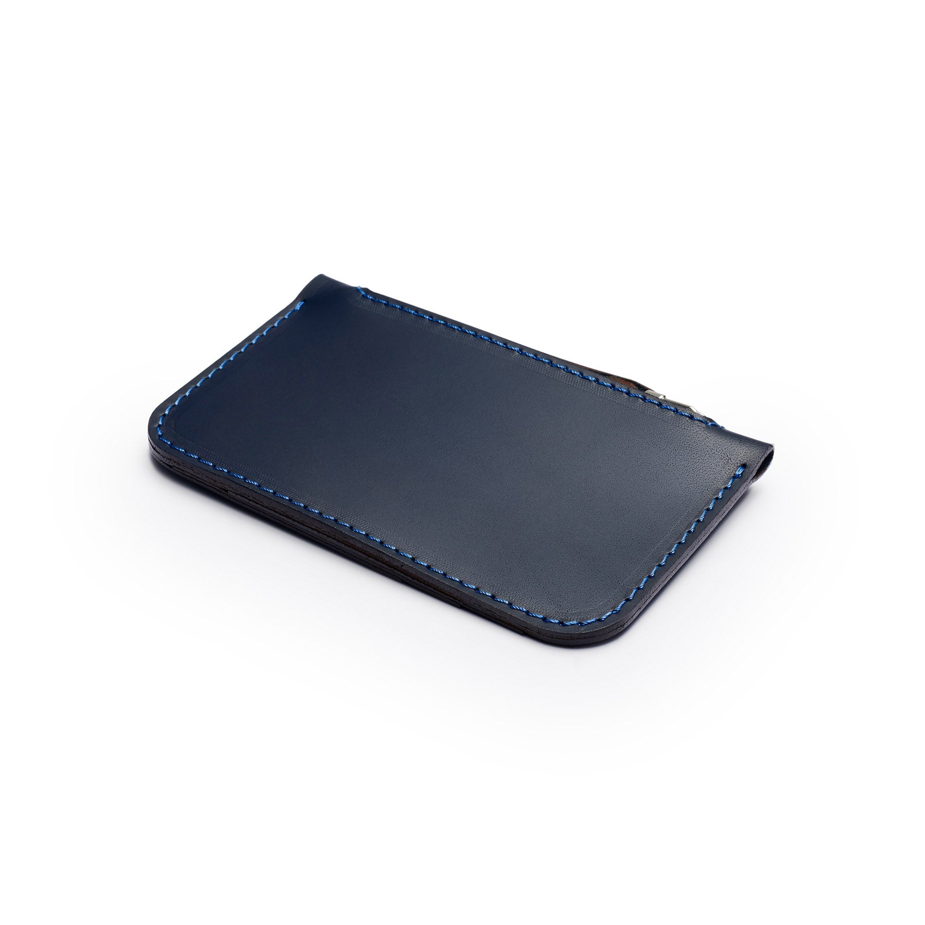 Navy full-grain leather zip card wallet, flat lay, angled view — personalised — CarveOn, made in Ireland#Color_Navy