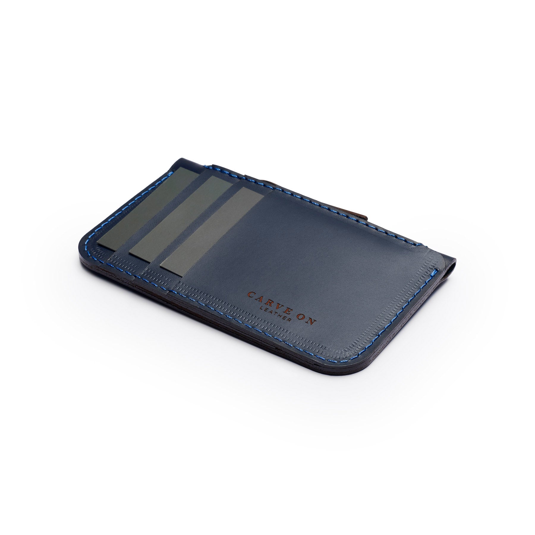 Navy full-grain leather zip card wallet, flat lay, angled view — personalised — CarveOn, made in Ireland#Color_Navy