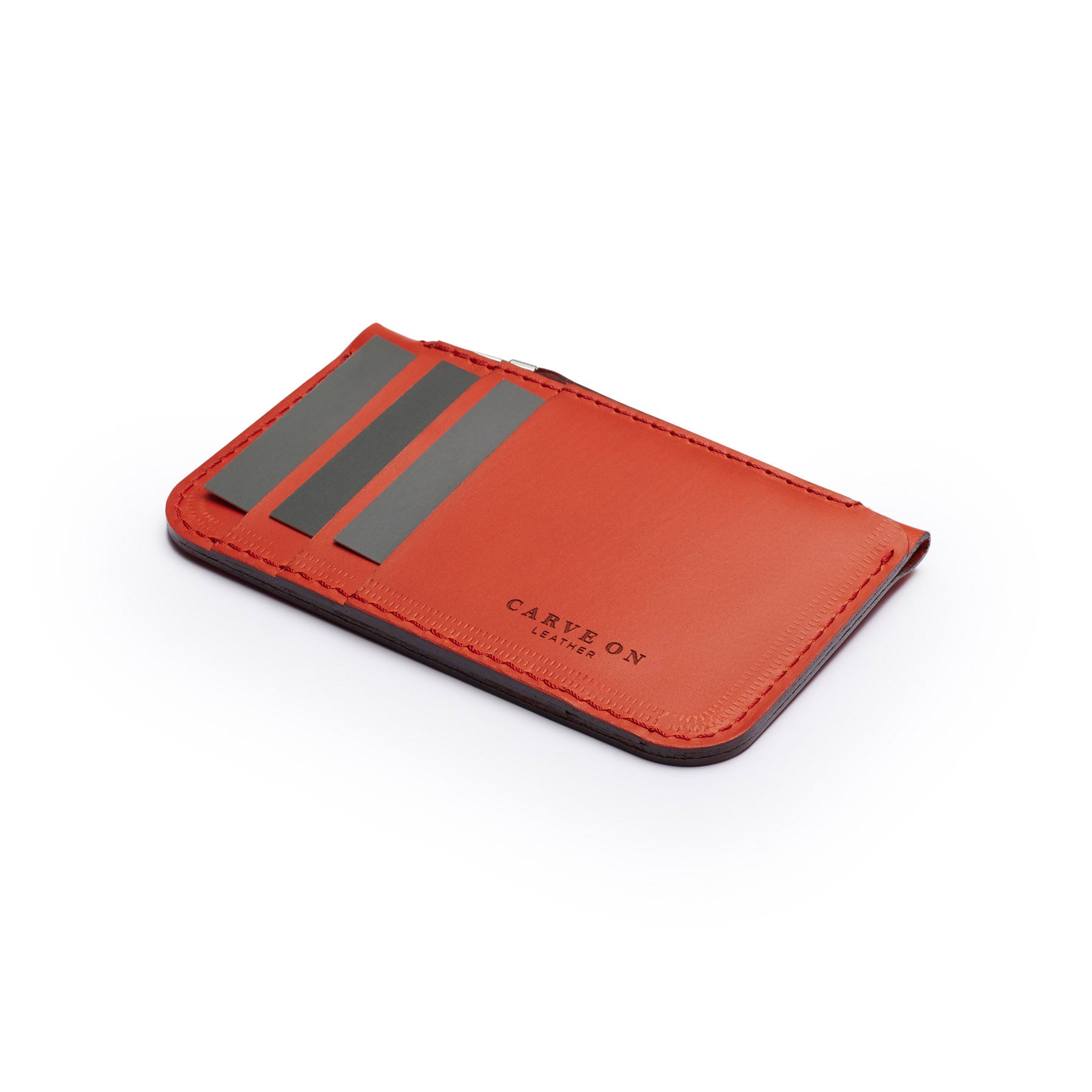 Red full-grain leather zip card wallet, flat lay, angled view — personalised — CarveOn, made in Ireland#Color_Red